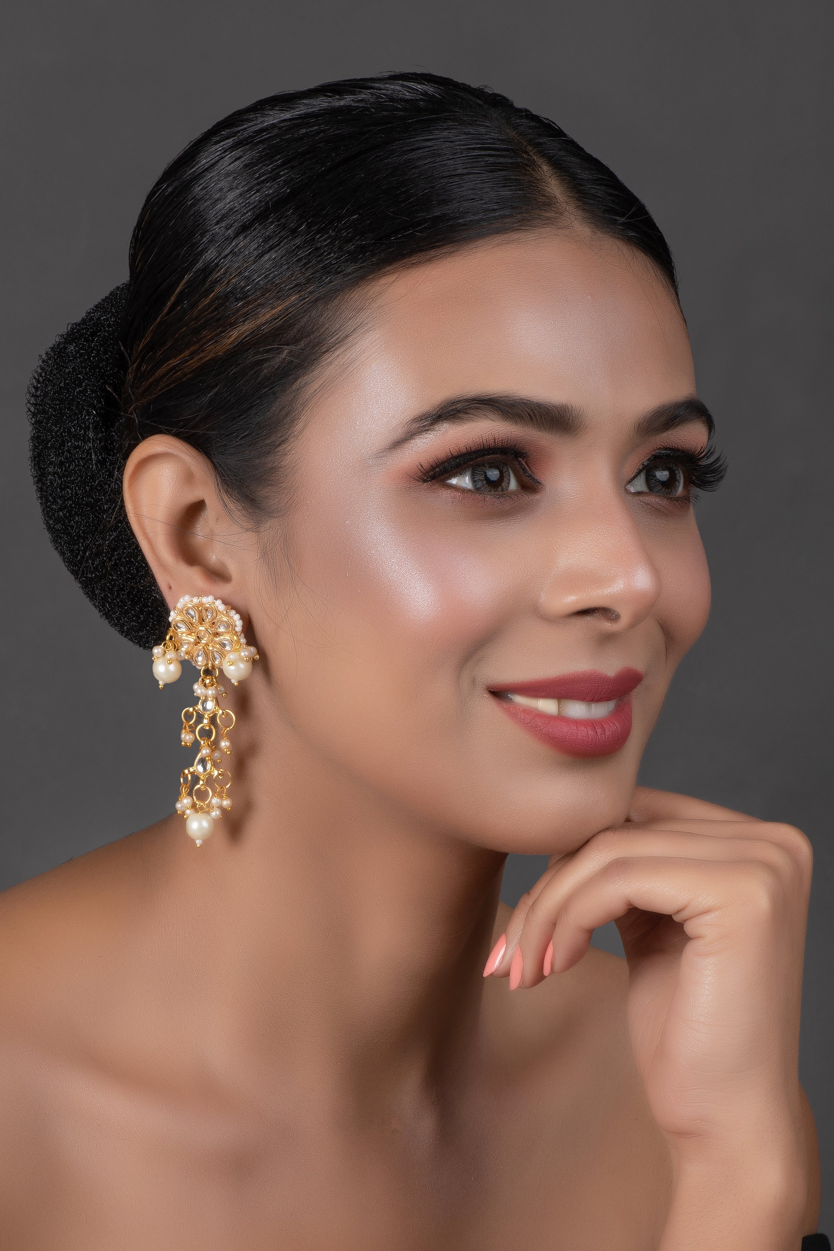 Gold tone Pearl beaded kundan contemporary earrings