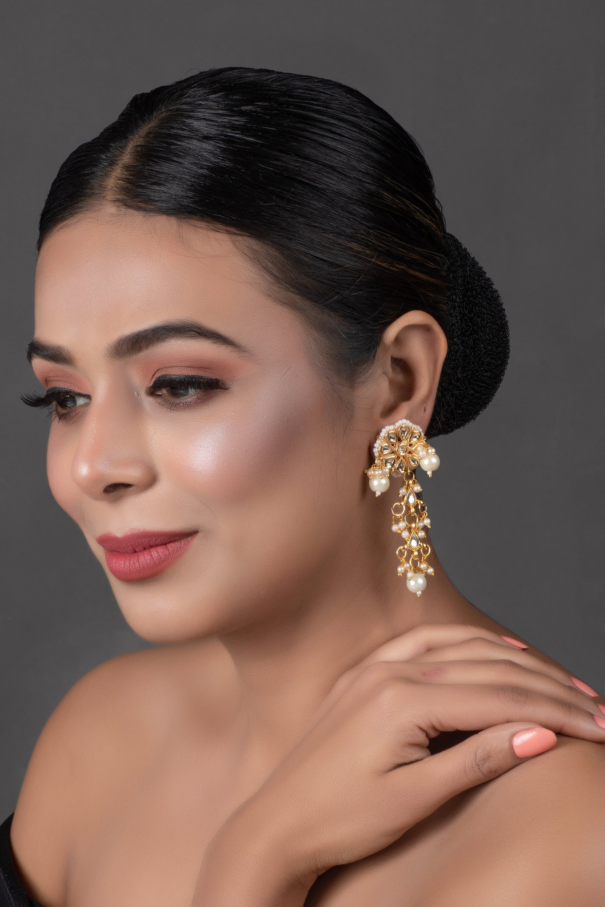 Gold tone Pearl beaded kundan contemporary earrings