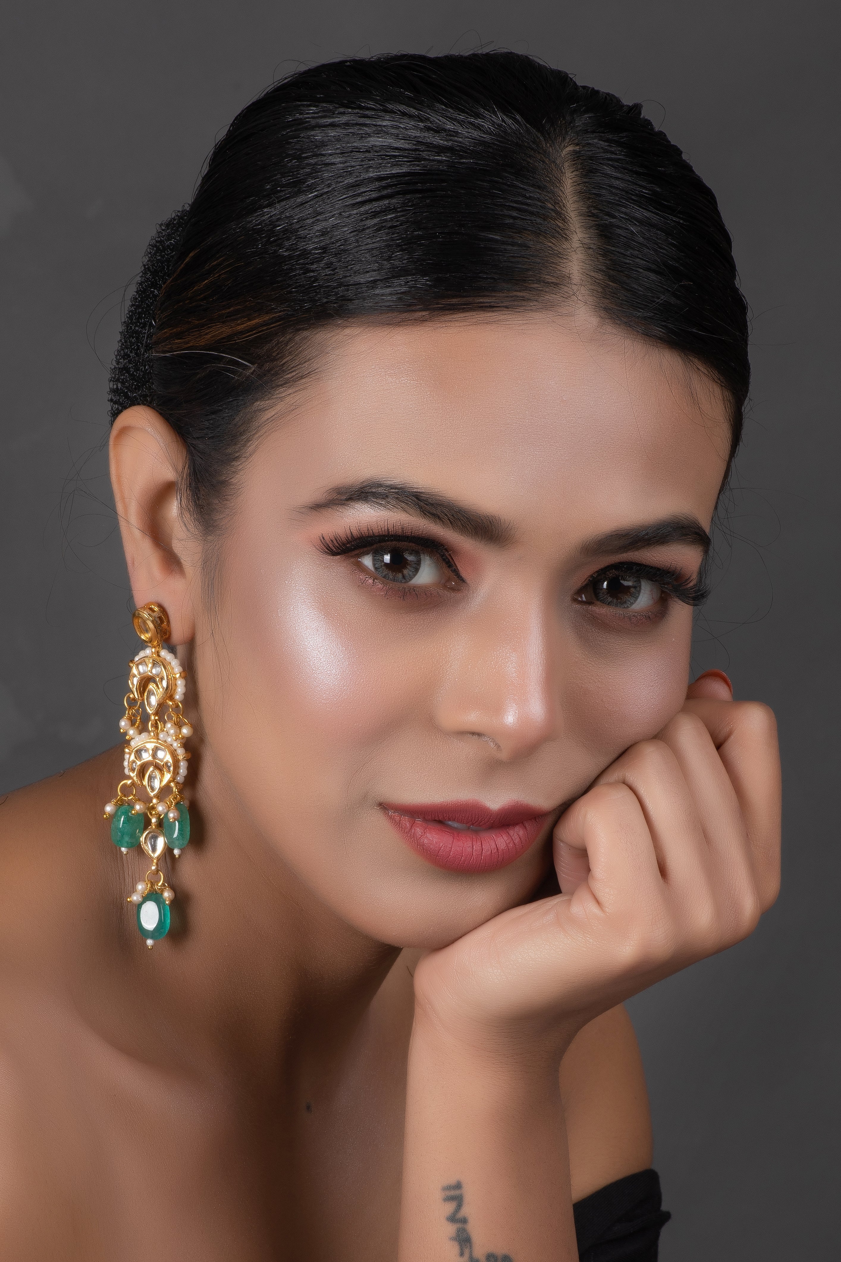 Emerald beaded Kundan contemporary earrings