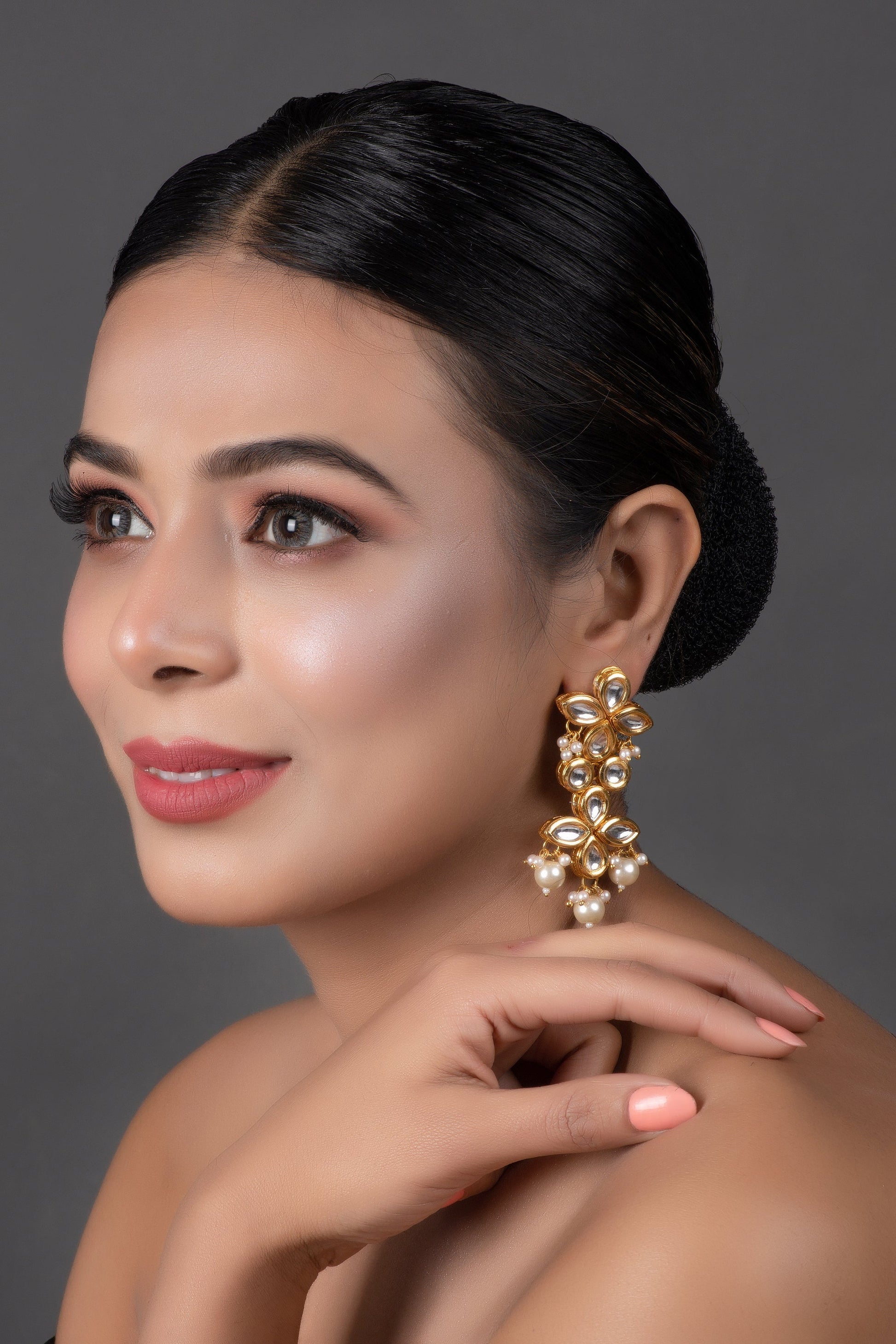 Gold tone Pearl beaded kundan earrings