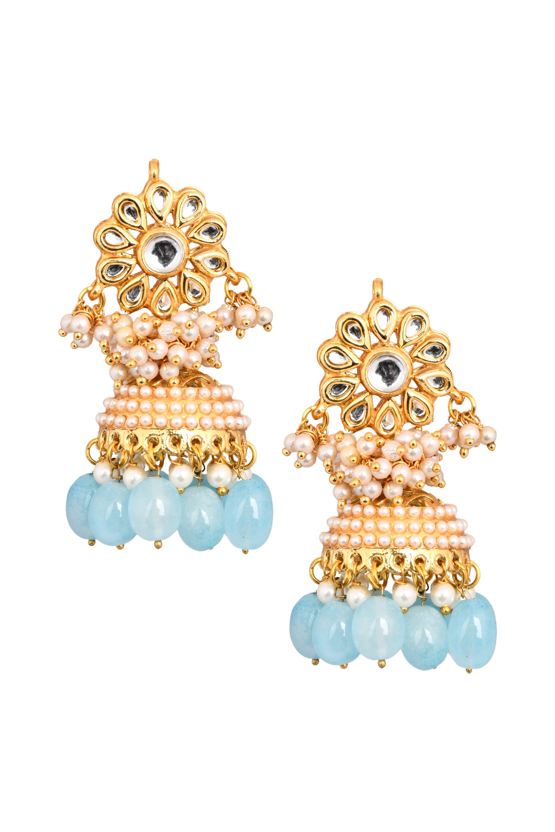 Gold tone Blue Pearl beaded kundan Jhumki