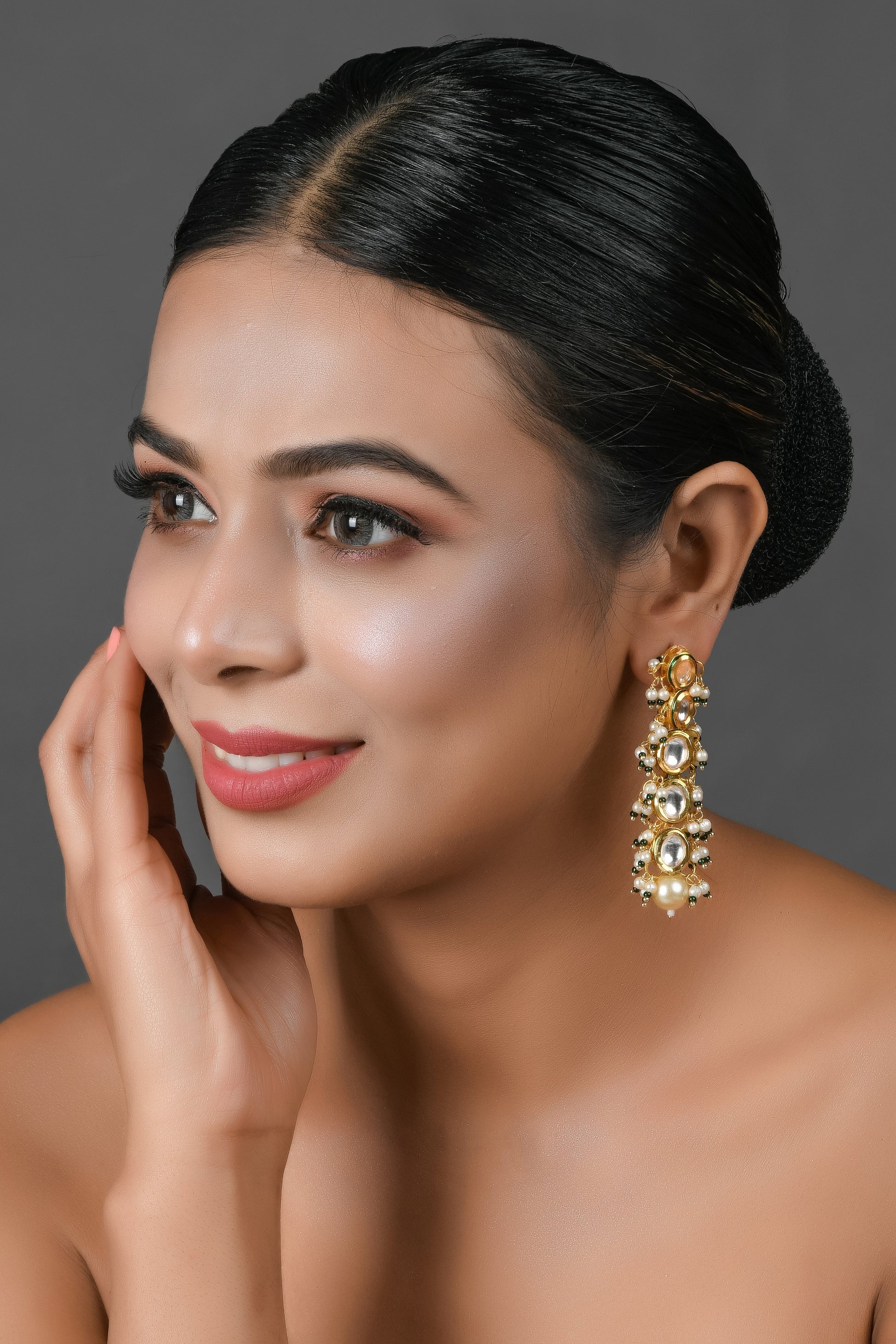 Gold tone Pearl beaded kundan earrings