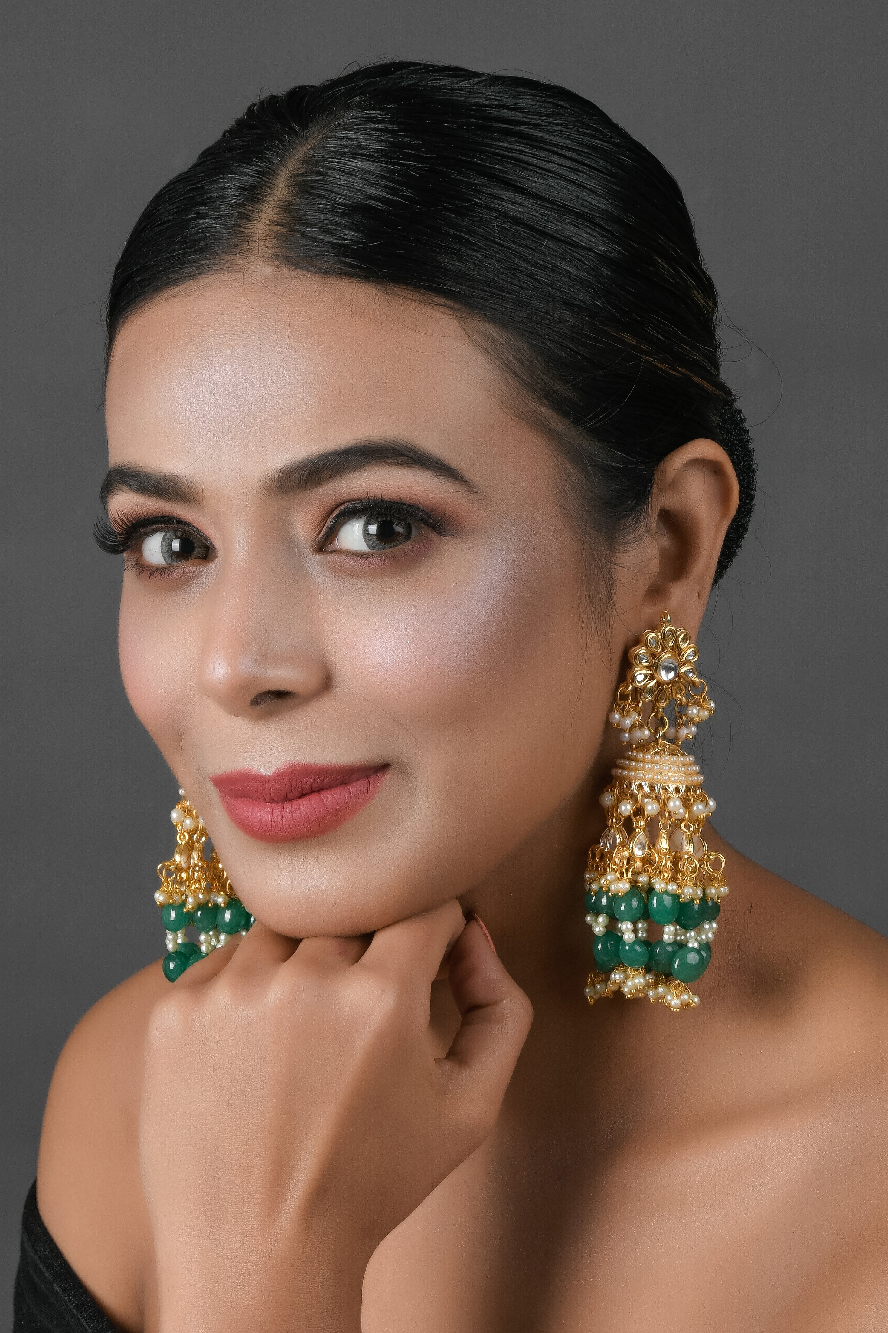 Emerald & Pearl beaded Jhumki