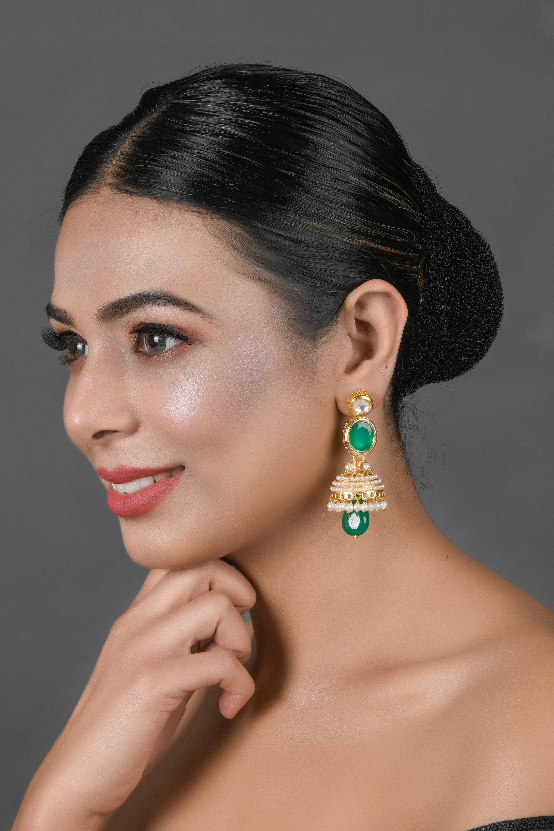 Green Gold toned Pearl beaded Kundan Jhumki