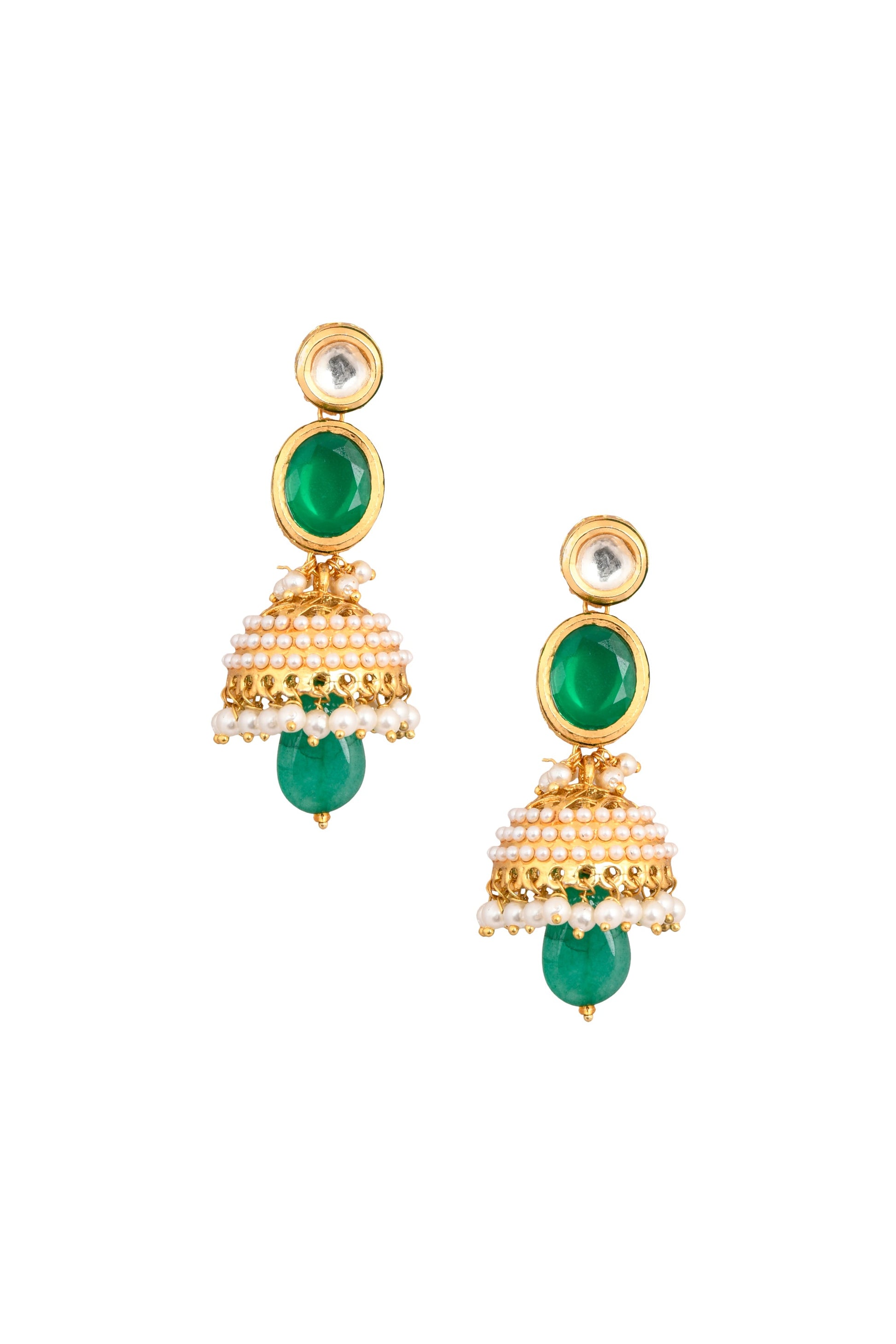 Green Gold toned Pearl beaded Kundan Jhumki