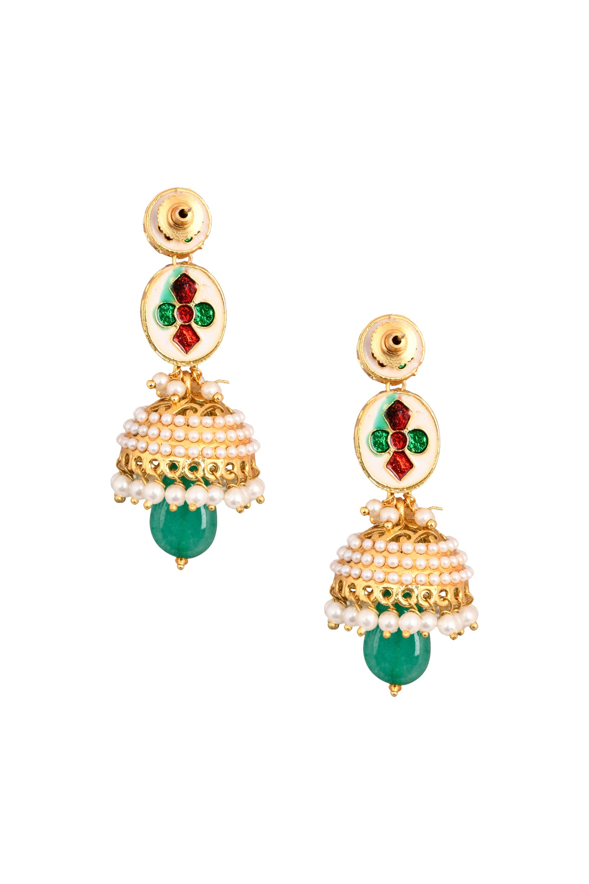 Green Gold toned Pearl beaded Kundan Jhumki