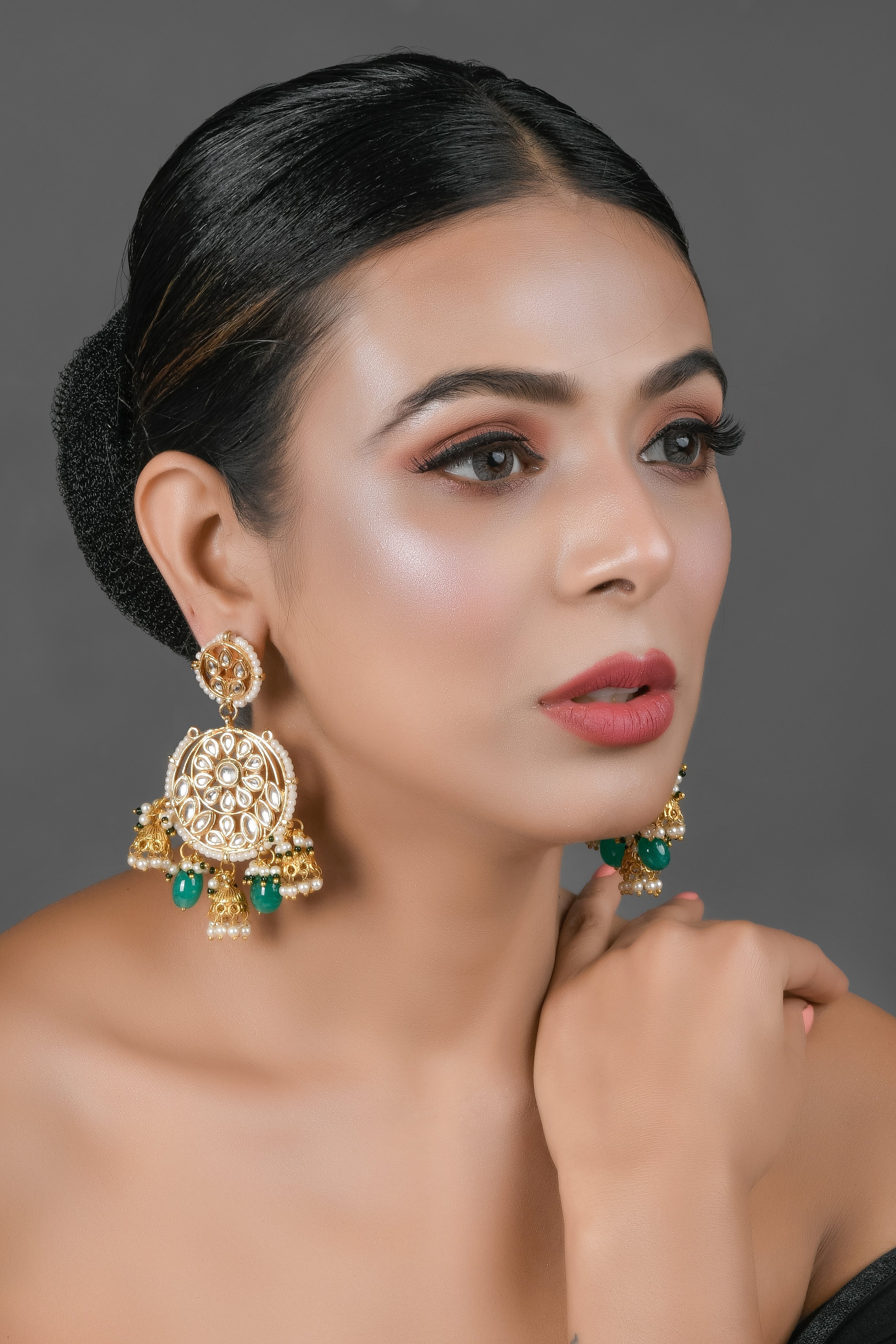 Floral Kundan earrings with hanging jhumki