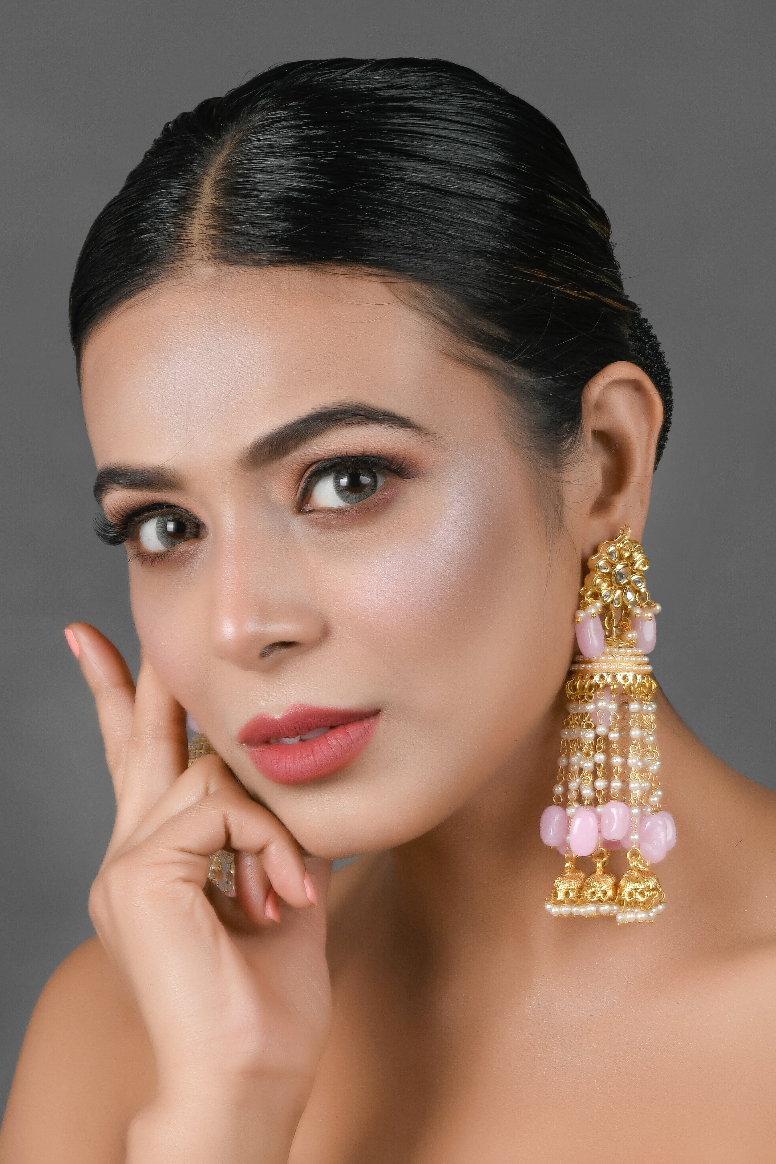 Pink Gold tone Kundan Jhumki