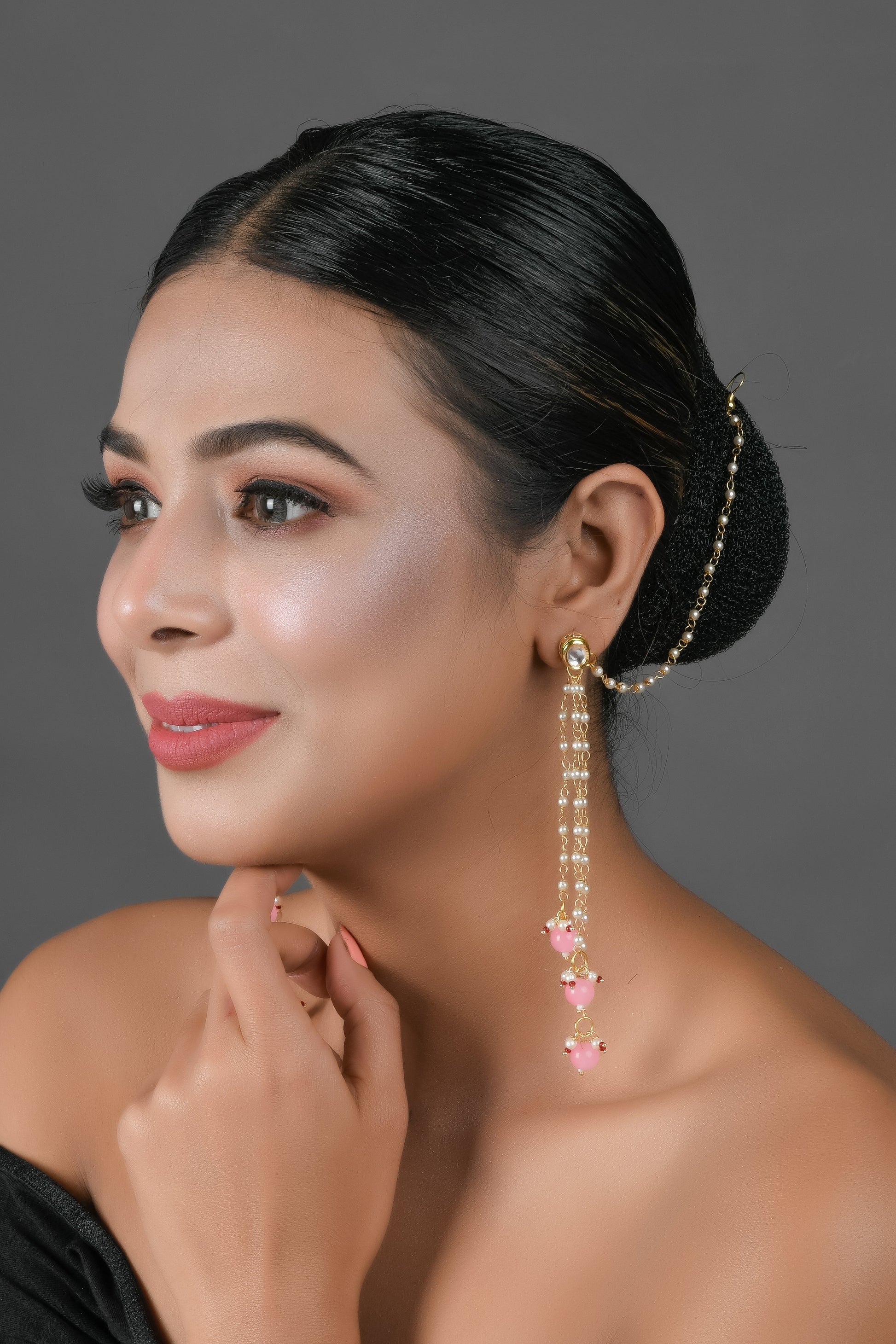 Gold Tone Kundan Inspired Pearl Tassel Earrings with Hair Chain