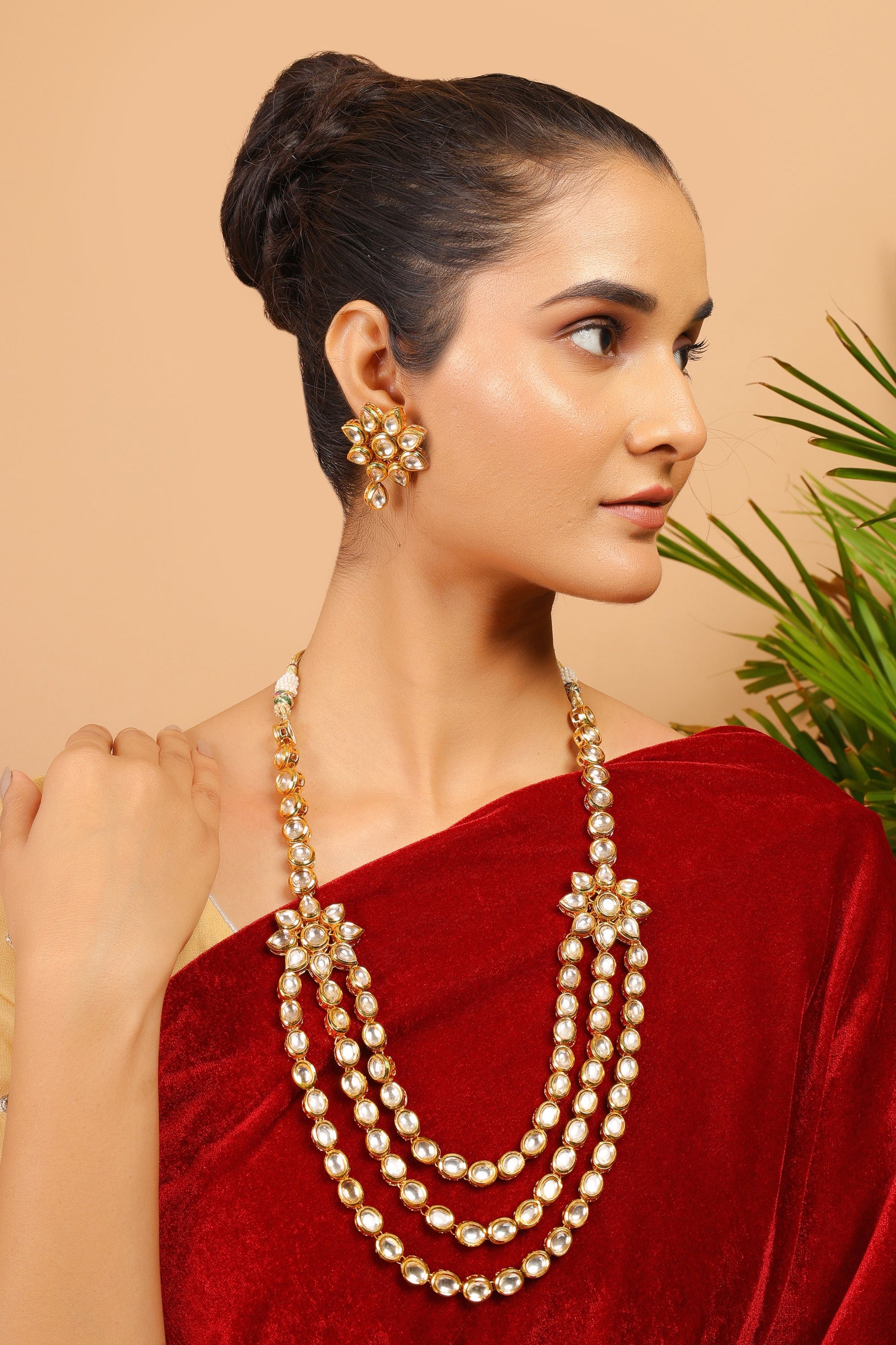 Two layered Kundan flower Embossed Necklace Set