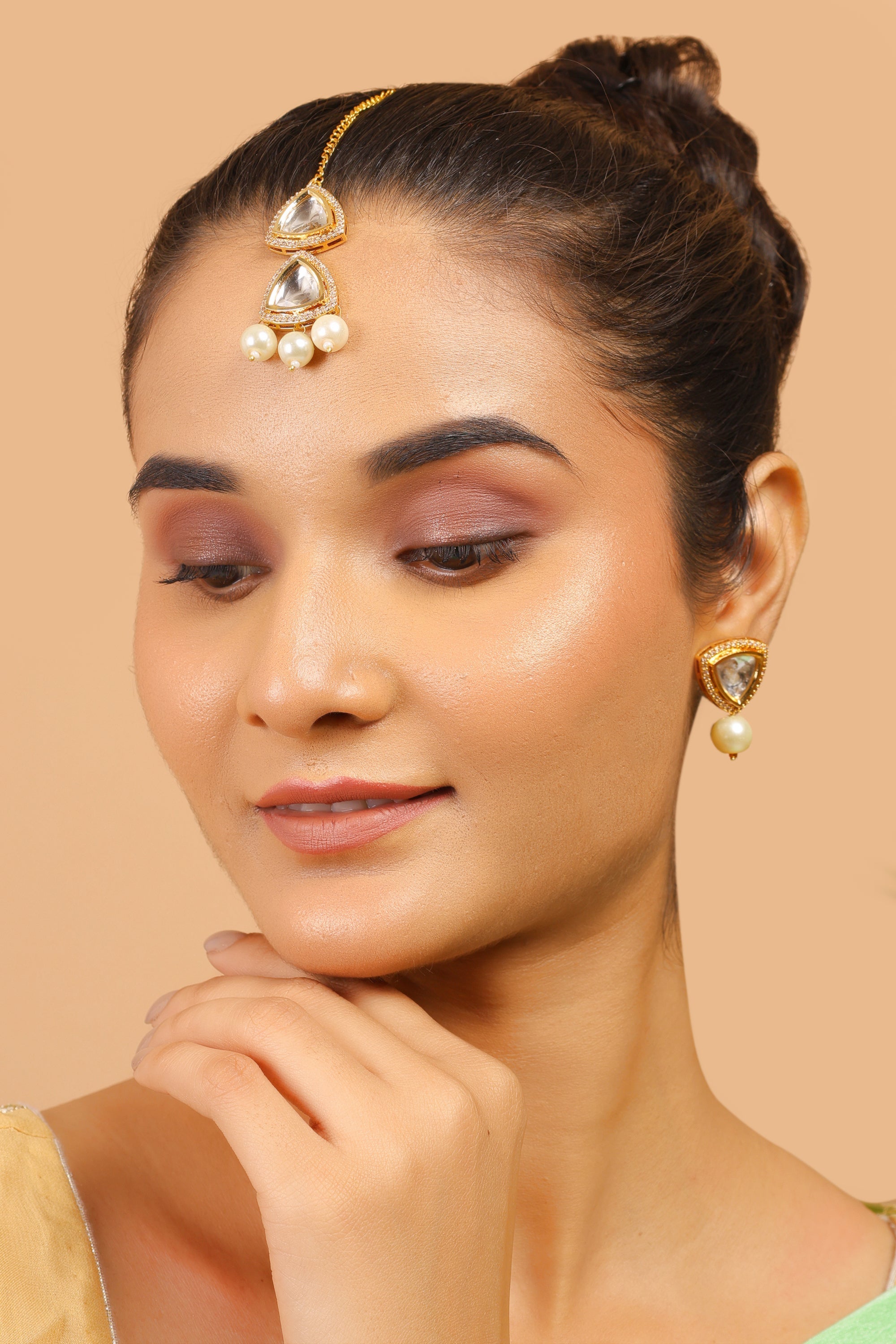 Handcrafted Kundan Polki Earrings & Maang Tikka Set