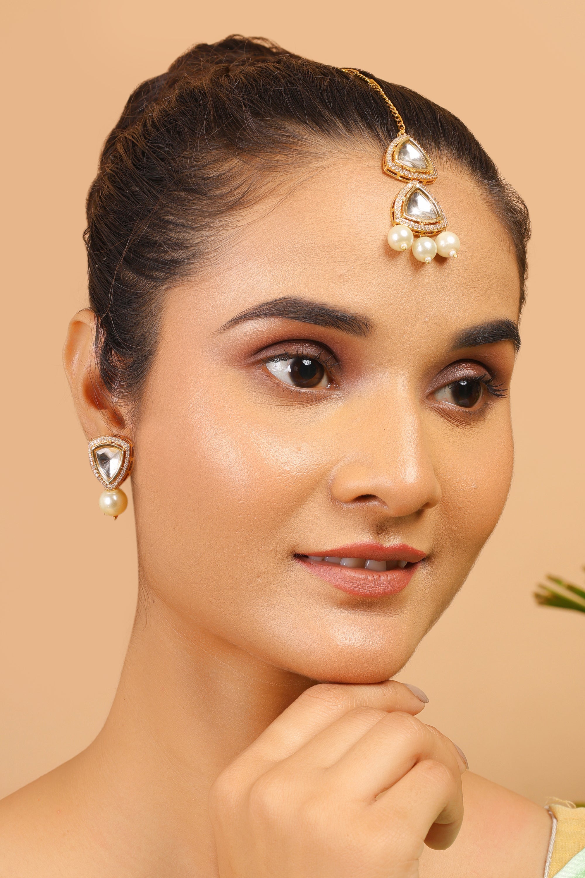 Handcrafted Kundan Polki Earrings & Maang Tikka Set