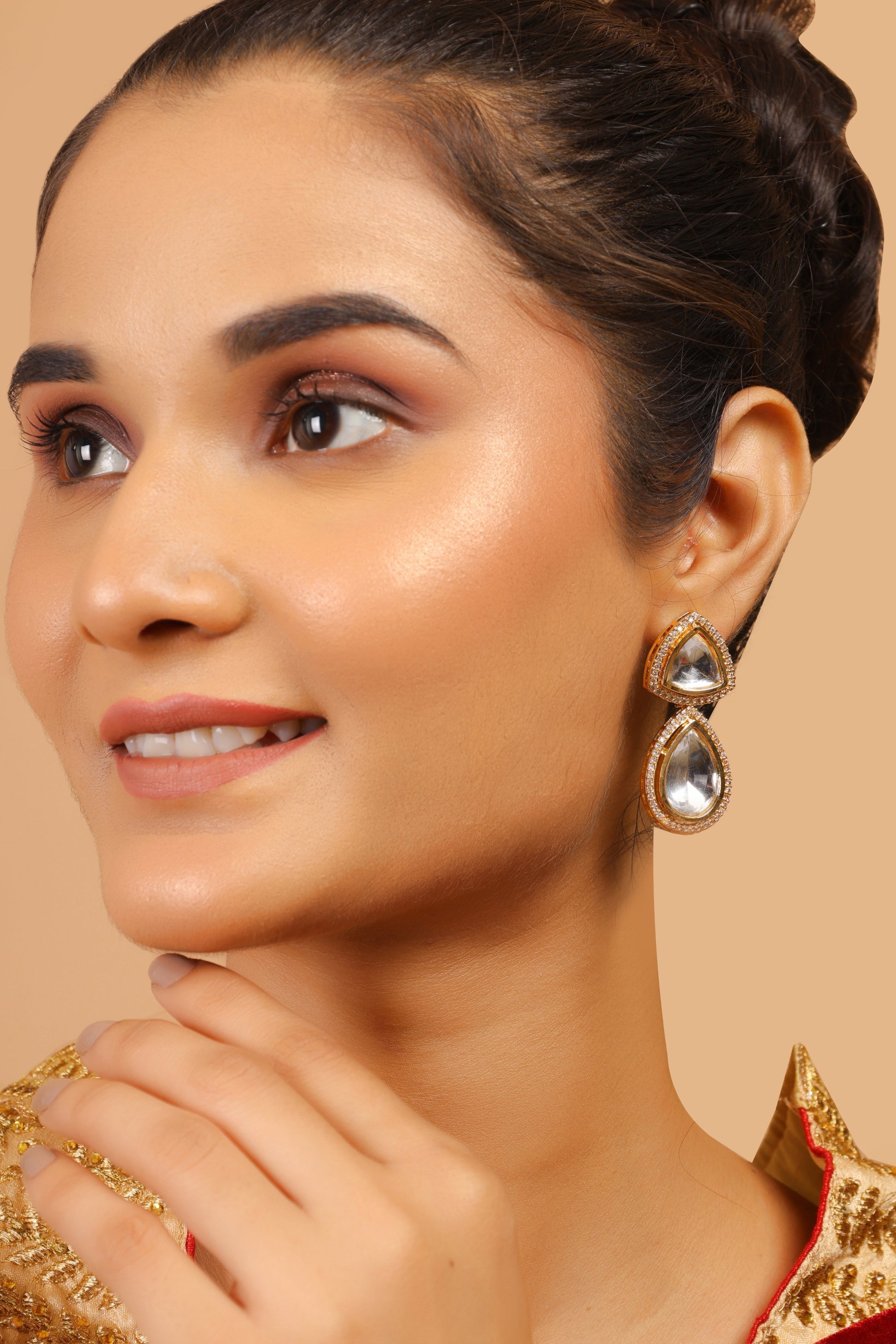 Handcrafted Triangular Kundan Polki Drop Earrings