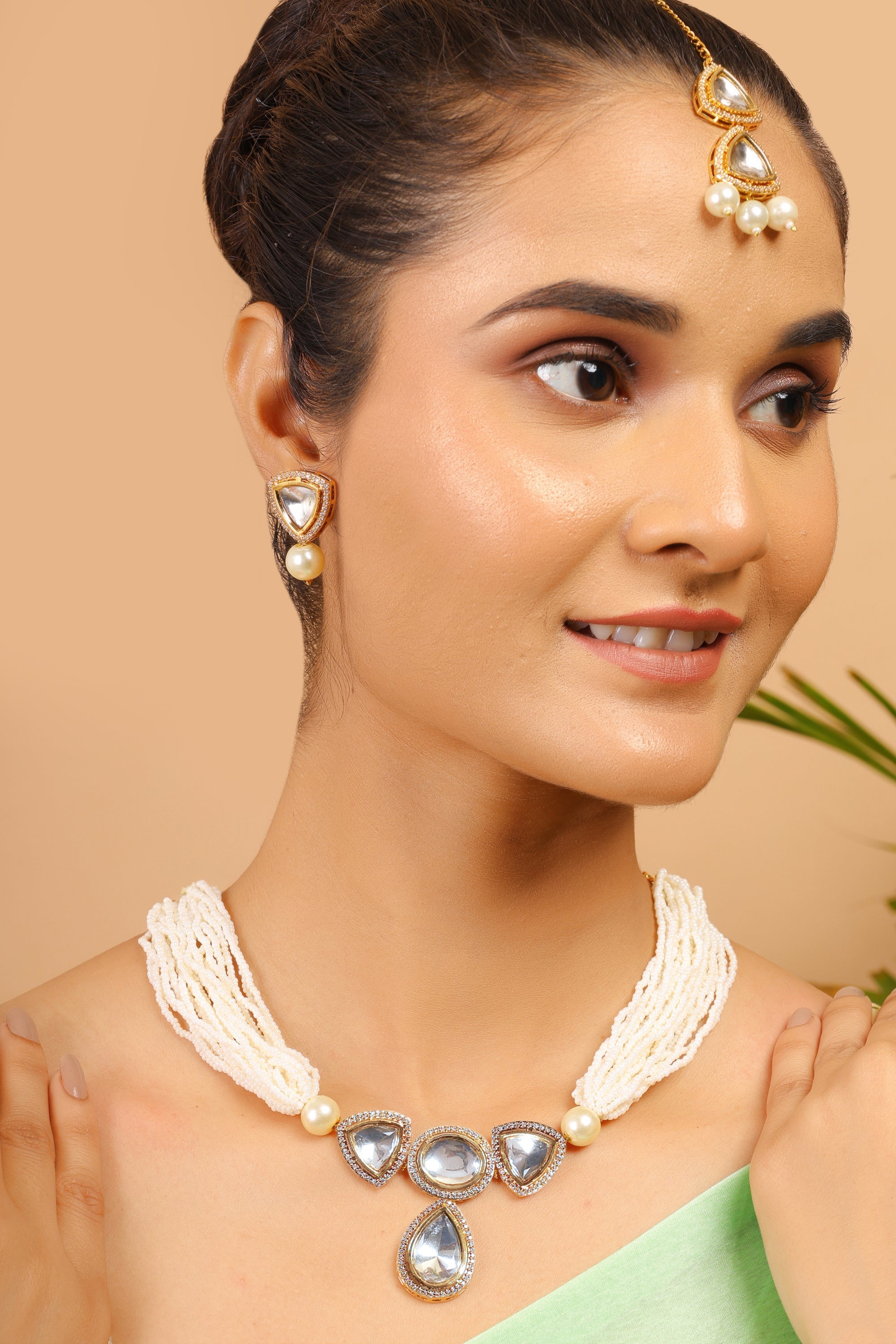 Pearl beaded Kundan Polki Necklace with Earrings & Maang Tikka