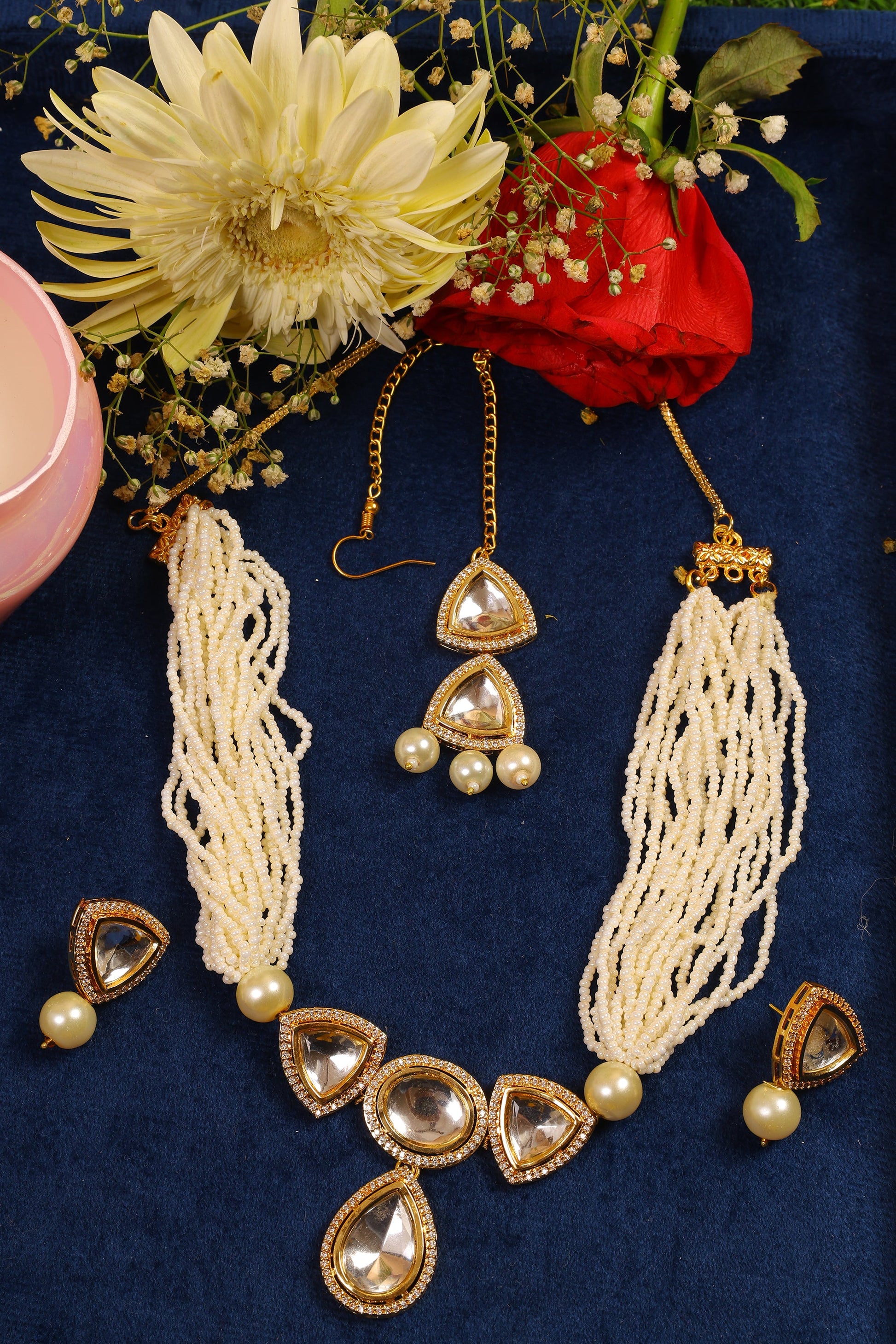 Pearl beaded Kundan Polki Necklace with Earrings & Maang Tikka