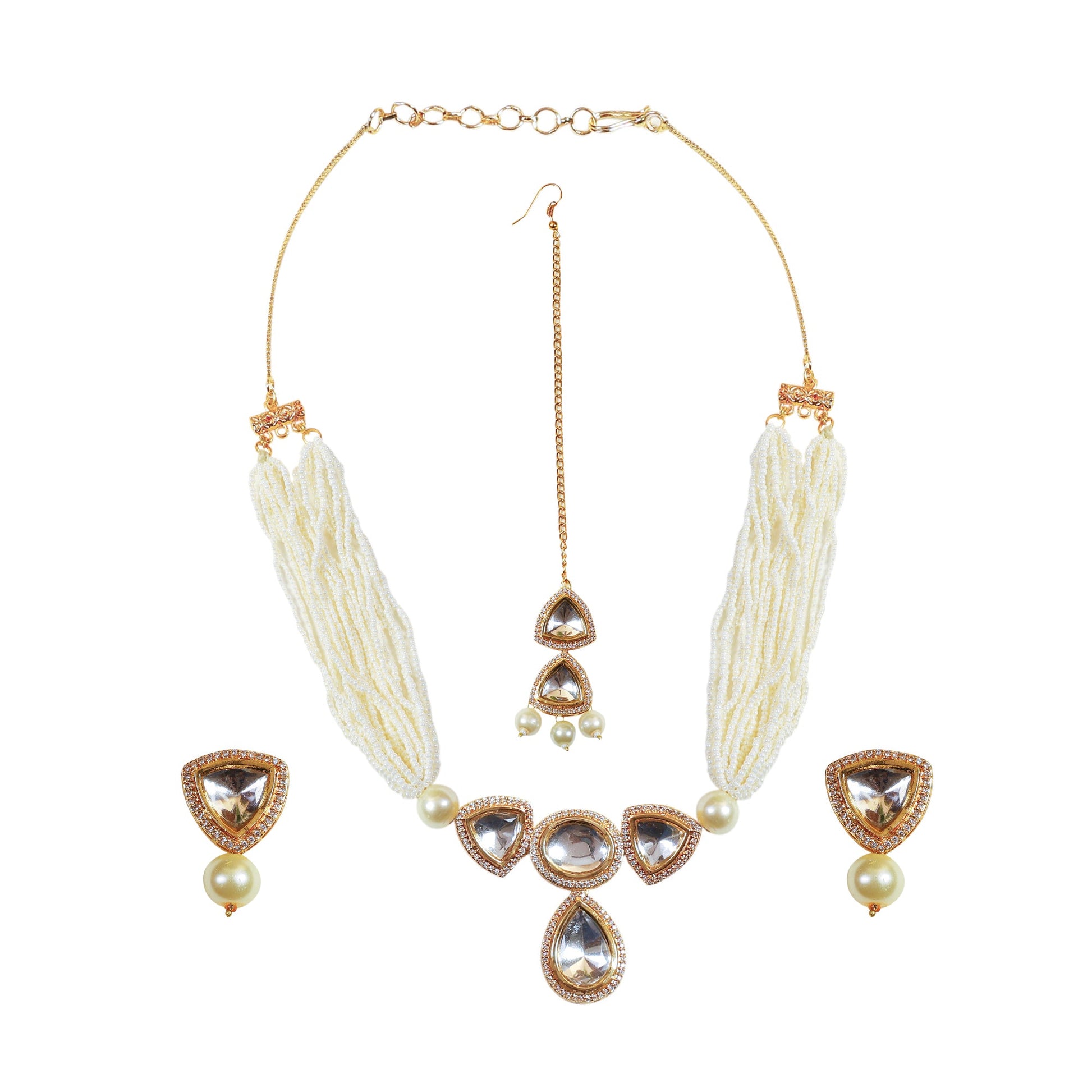 Pearl beaded Kundan Polki Necklace with Earrings & Maang Tikka