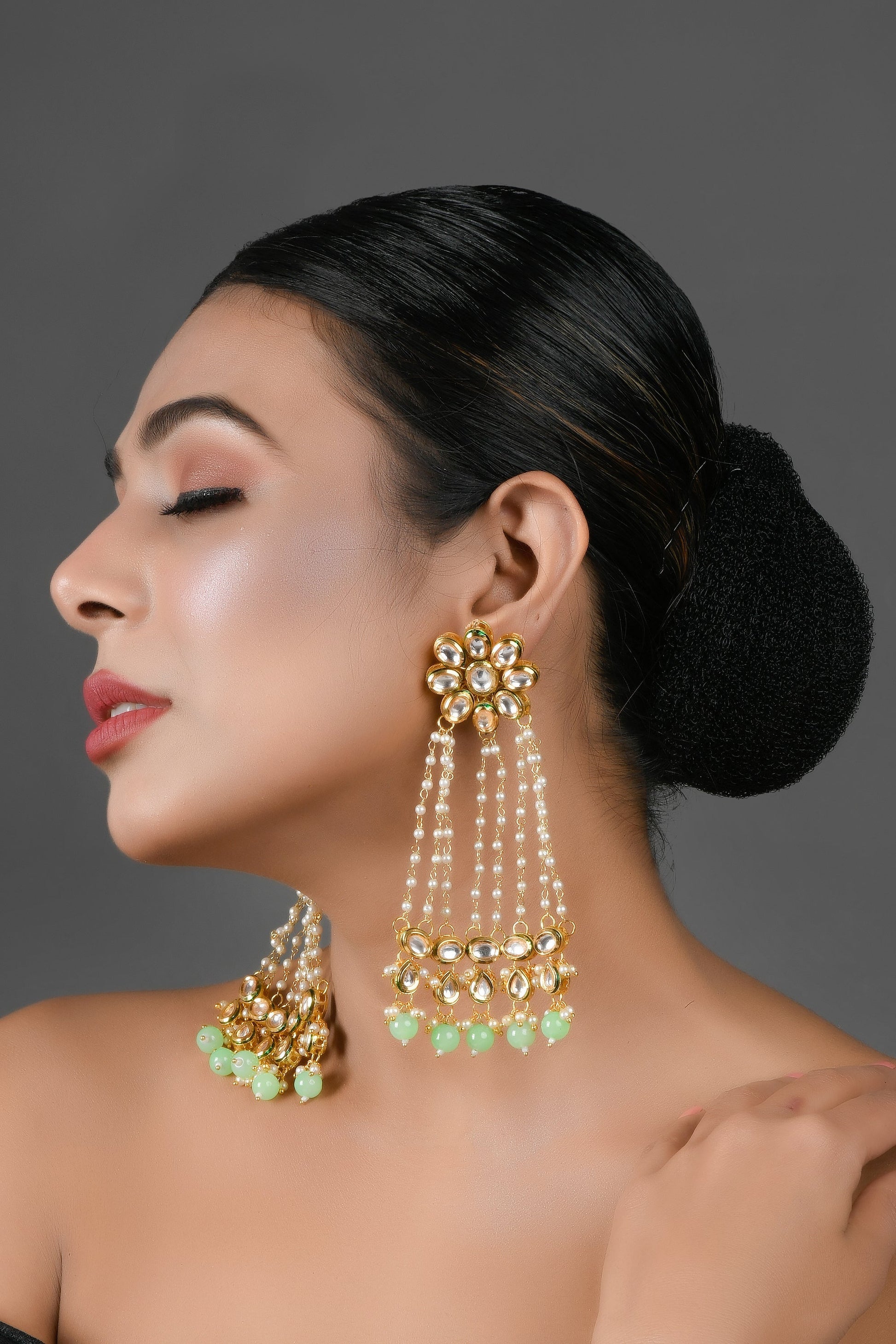 Kundan Pearl Chain Earrings