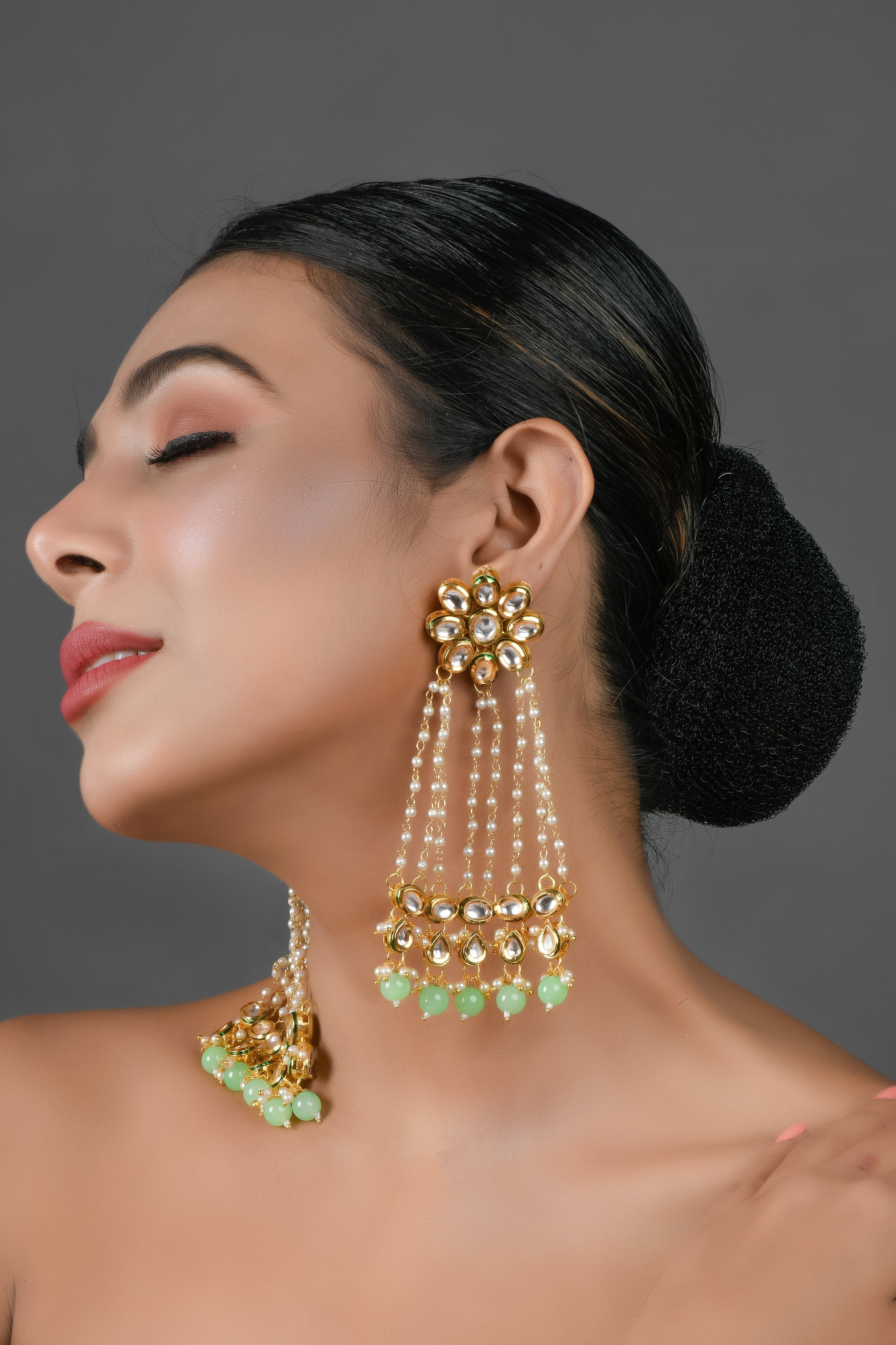 Kundan Pearl Chain Earrings