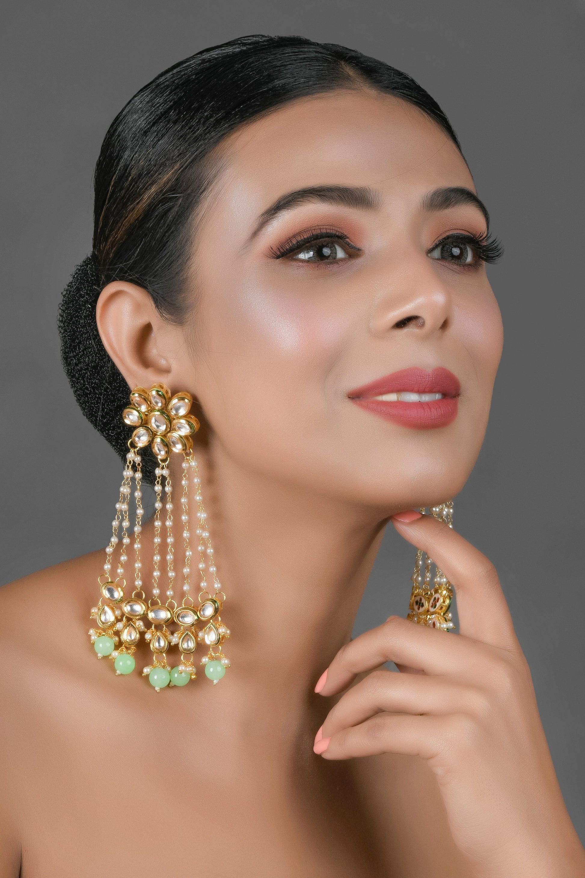 Kundan Pearl Chain Earrings