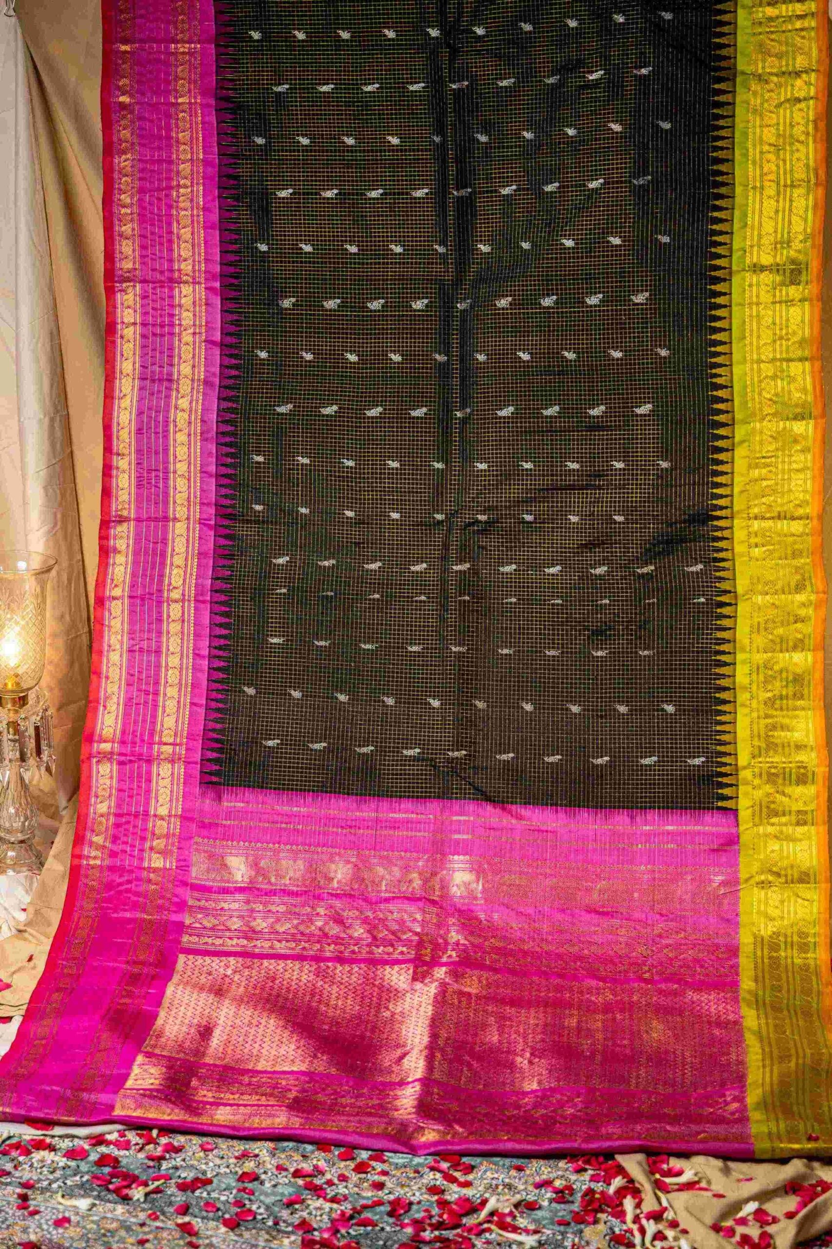 Ganga Jamun Black checks Gadwal Saree