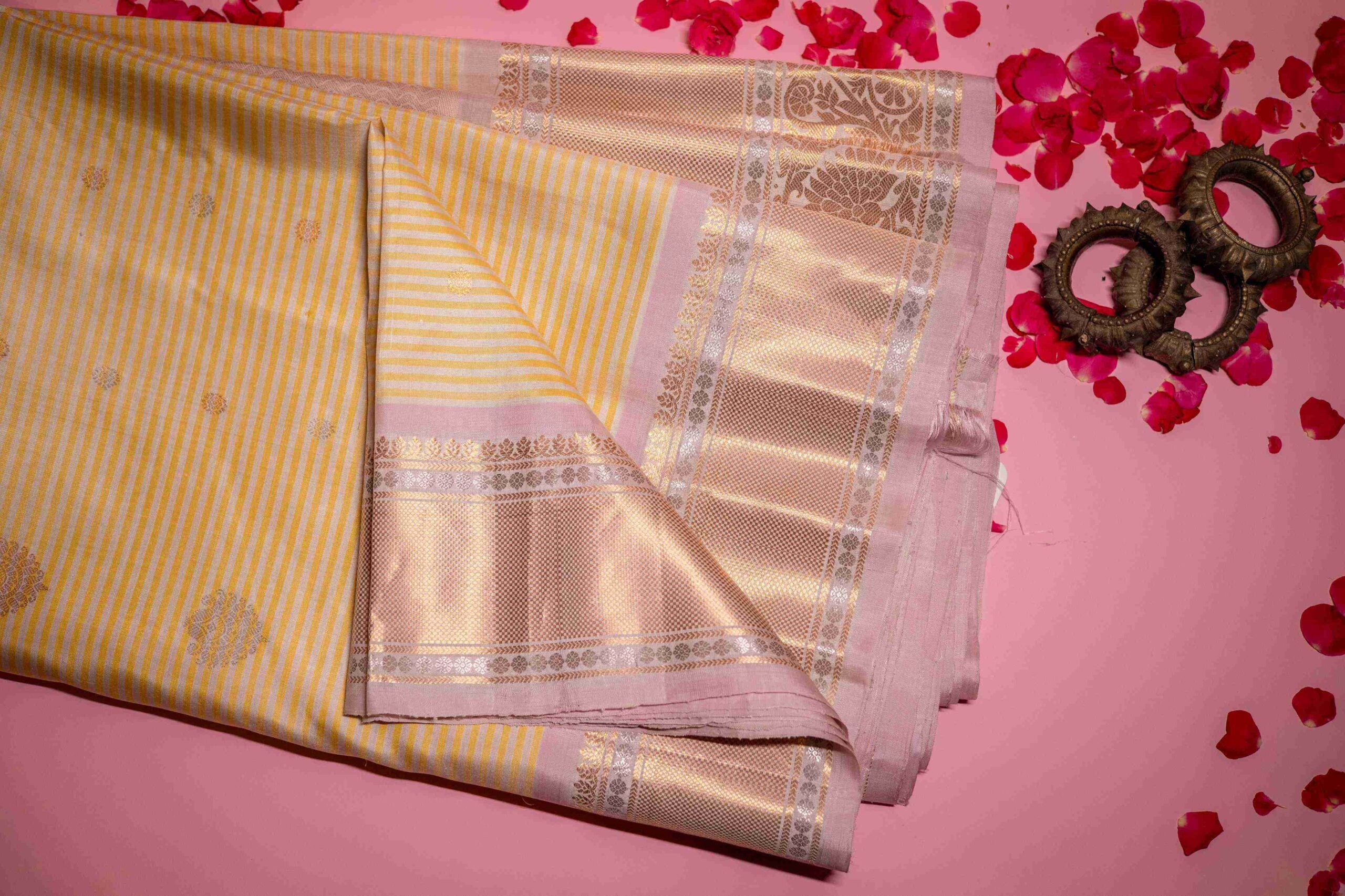 Yellow Stripes pattern and pastel pink traditional border Gadwal Saree