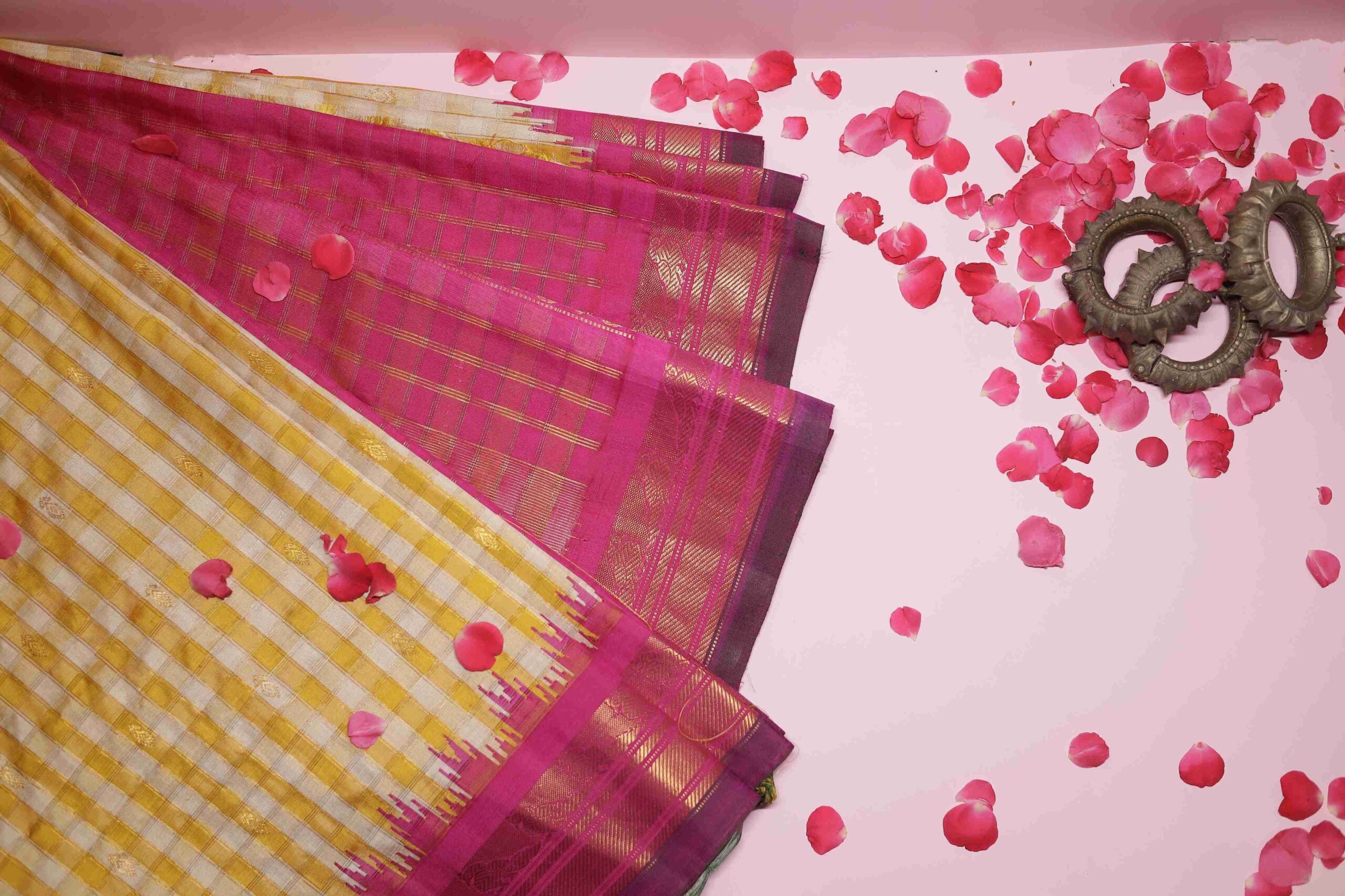 Yellow Checks Pink Border Gadwal Saree