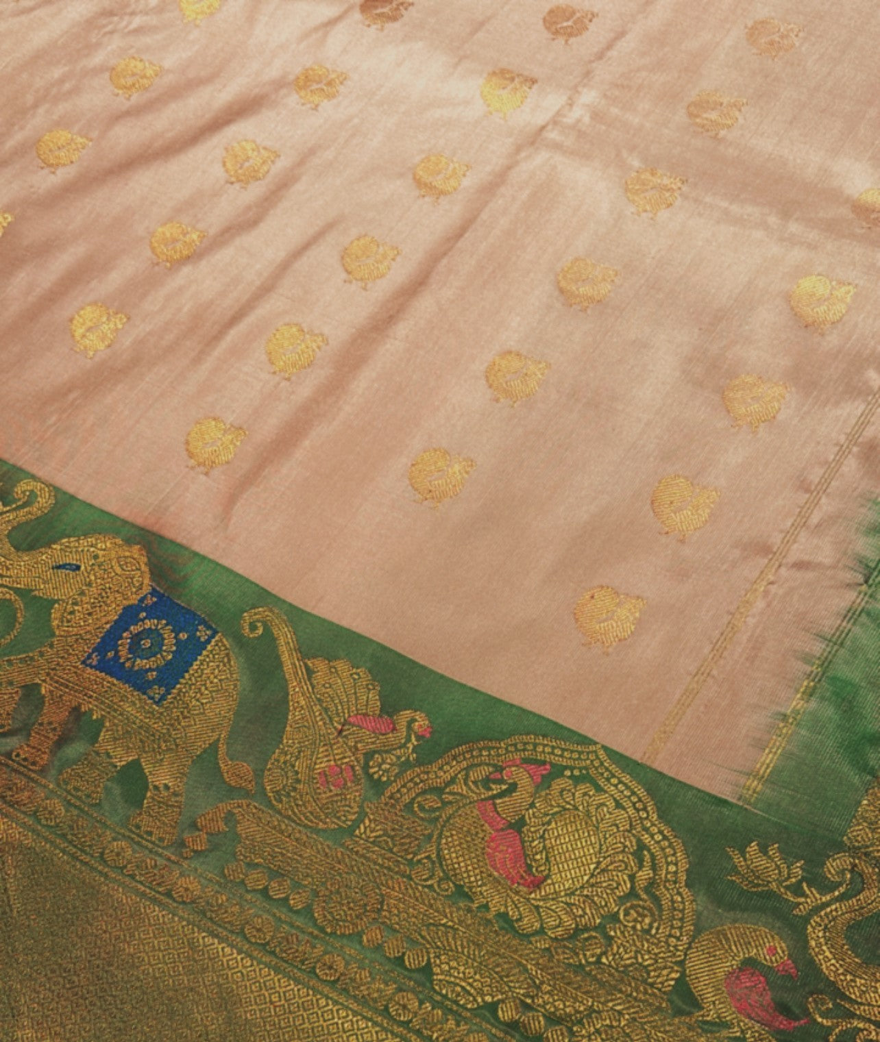 Beige Gadwal Saree with Elephant Motifs on the Border