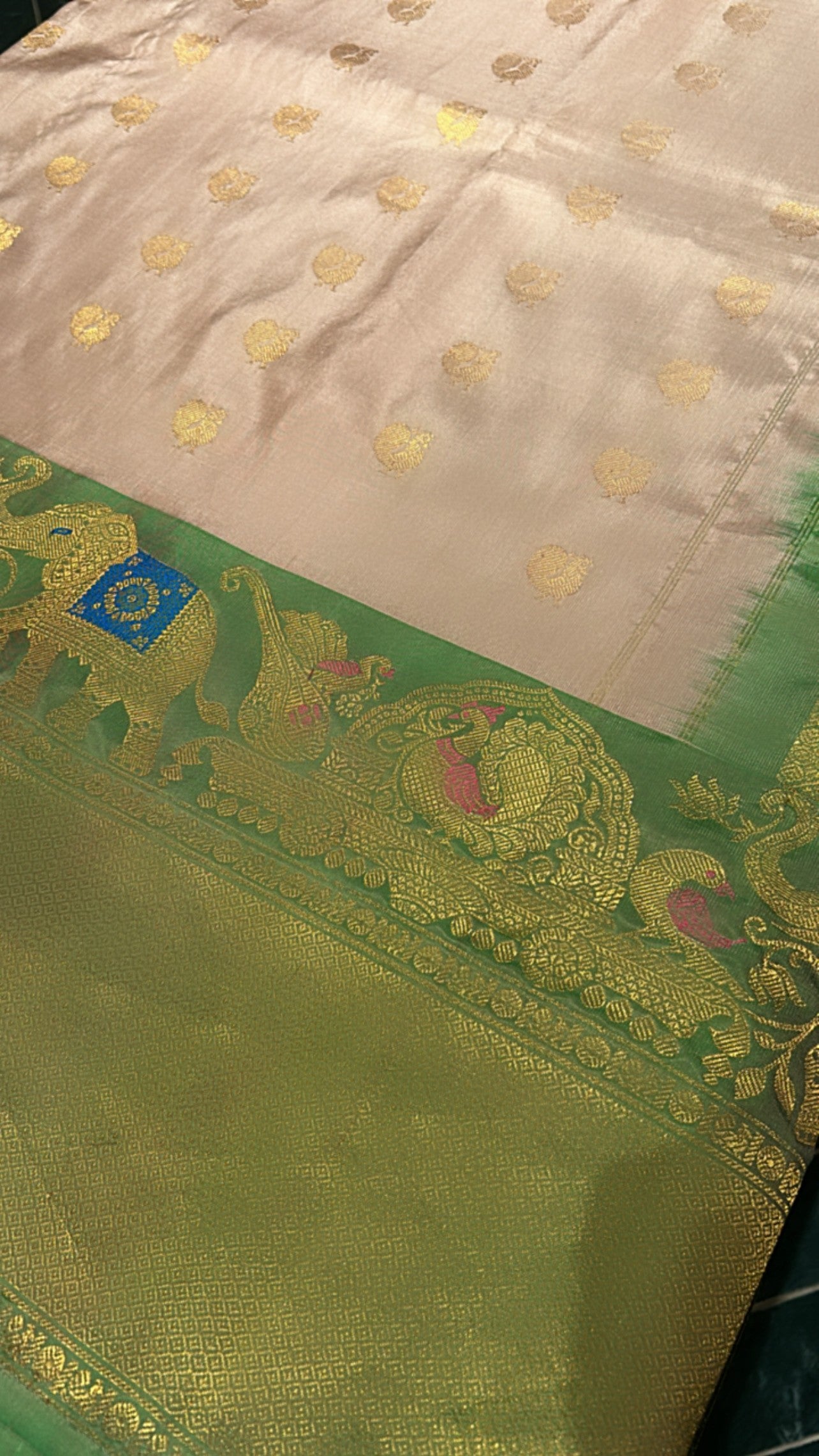 Beige Gadwal Saree with Elephant Motifs on the Border