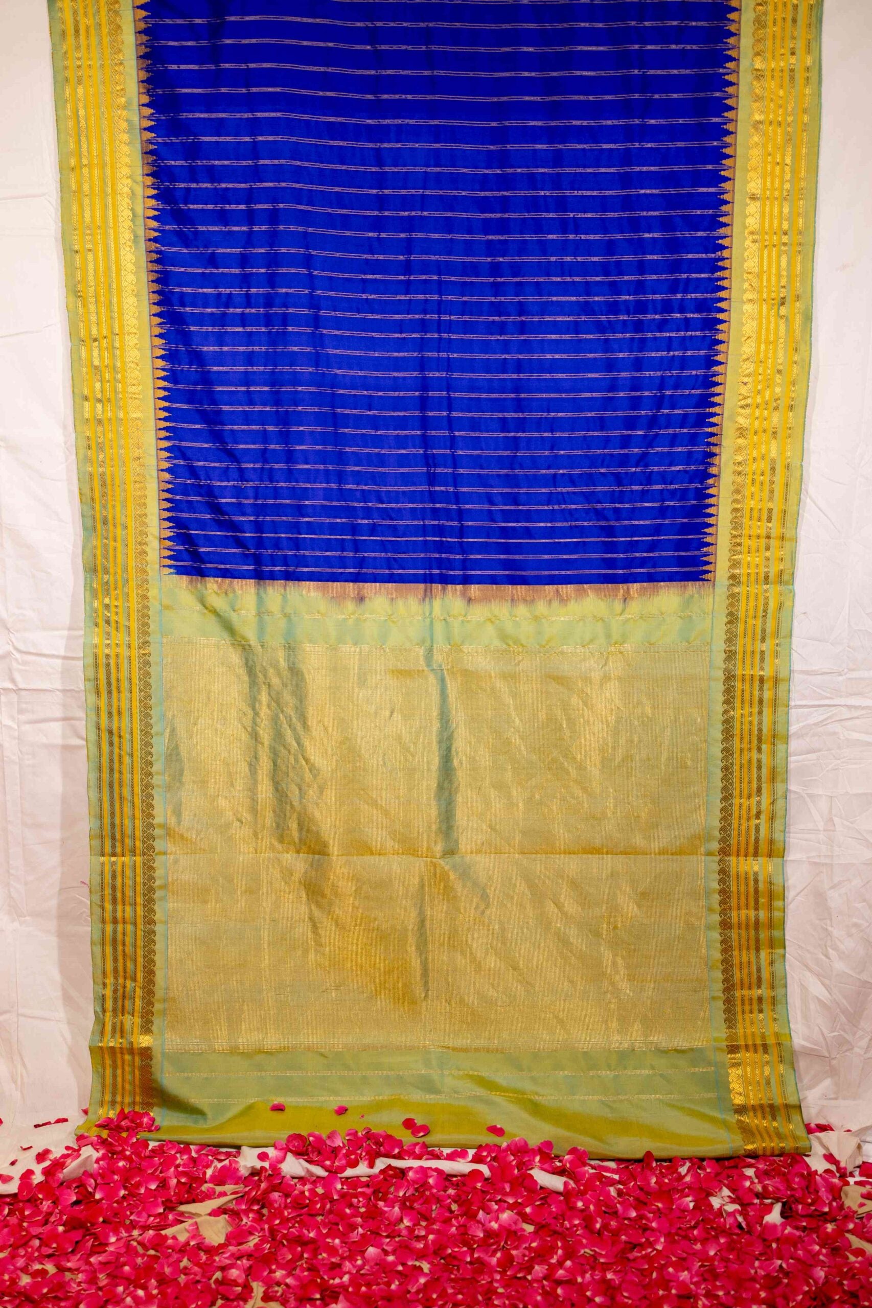 Blue with Yellow Stripes over green hues Gadwal Saree