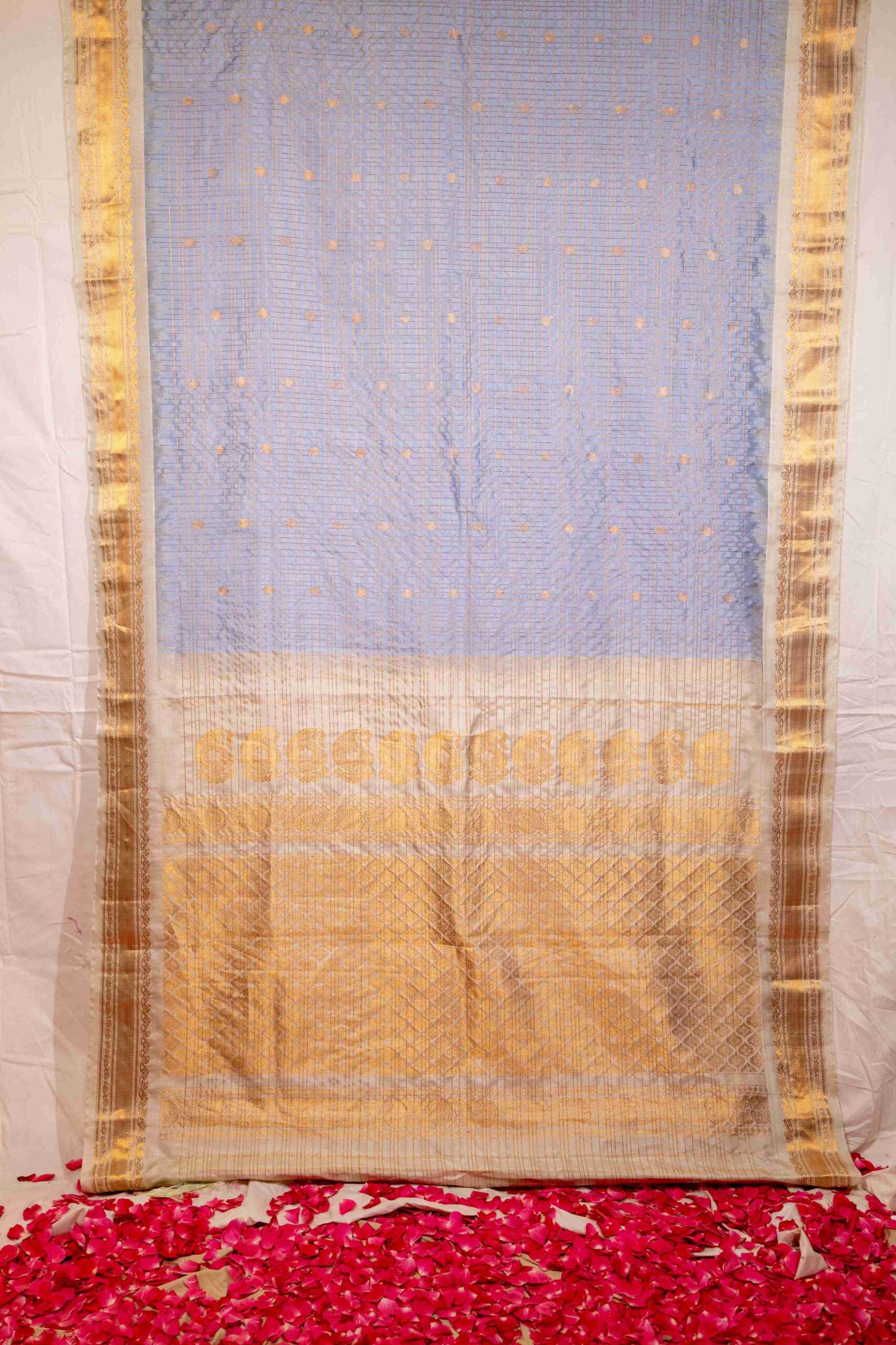 Bluish Grey with Ivory Minimal Border and Gold checks Gadwal Saree