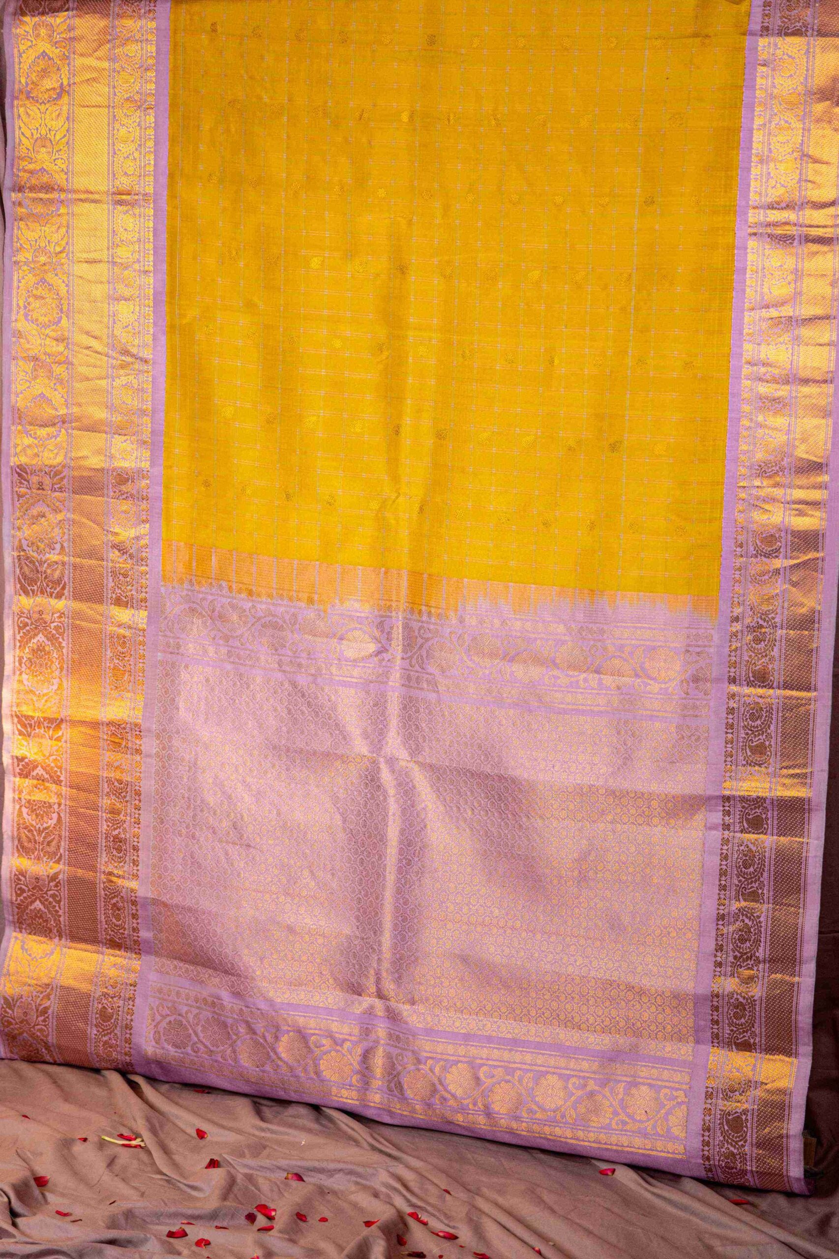 Yellow with Lavender Checks pattern with kuttu border Gadwal Saree