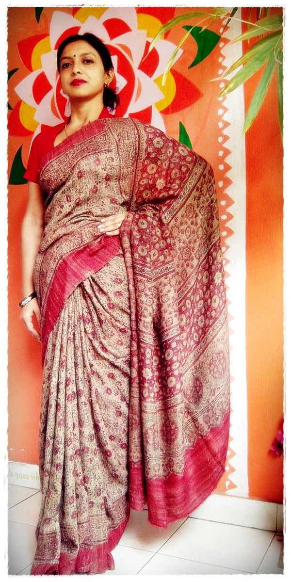 Gaharai - Raw Gicha Silk Ajrakh Hand Block Print Designer Saree