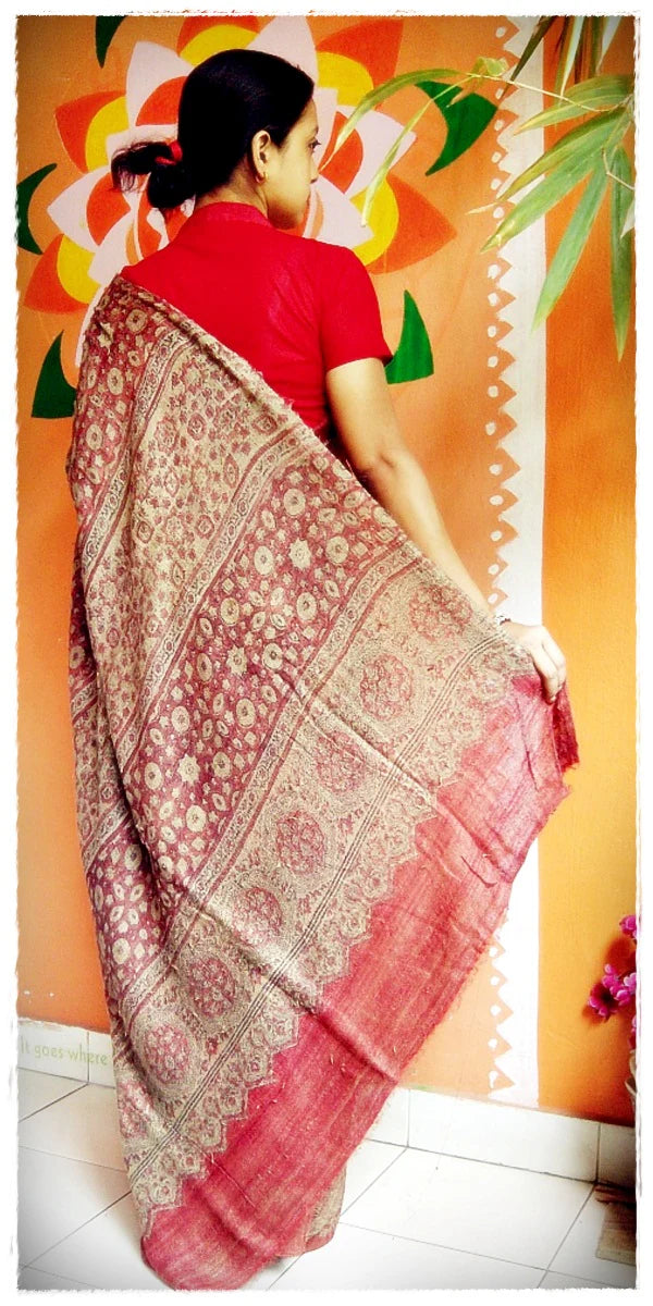 Gaharai - Raw Gicha Silk Ajrakh Hand Block Print Designer Saree