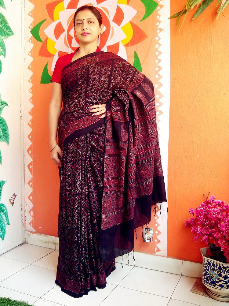 Gulmohar - Pure Muslin Cotton Ajrakh Hand Block Print Saree