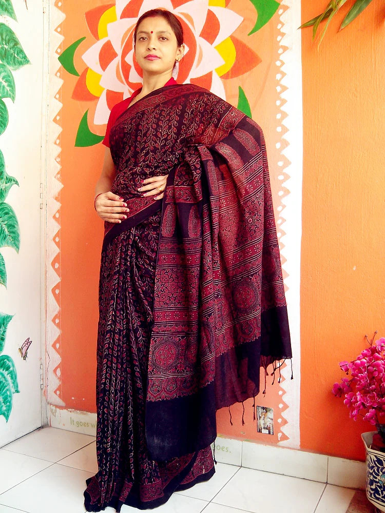 Gulmohar - Pure Muslin Cotton Ajrakh Hand Block Print Saree