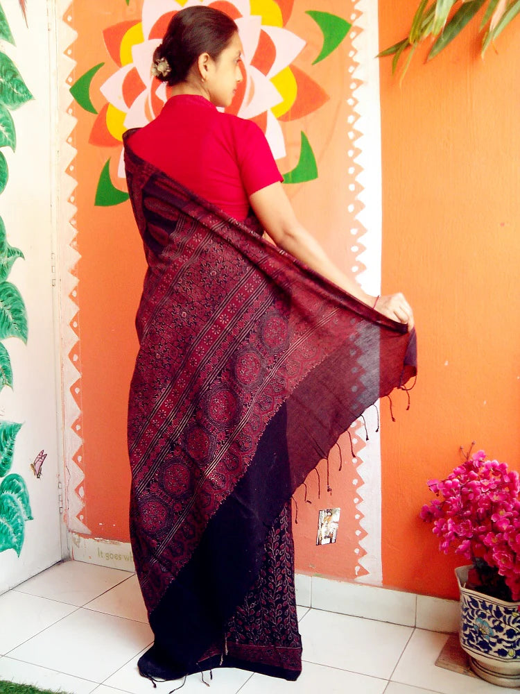 Gulmohar - Pure Muslin Cotton Ajrakh Hand Block Print Saree