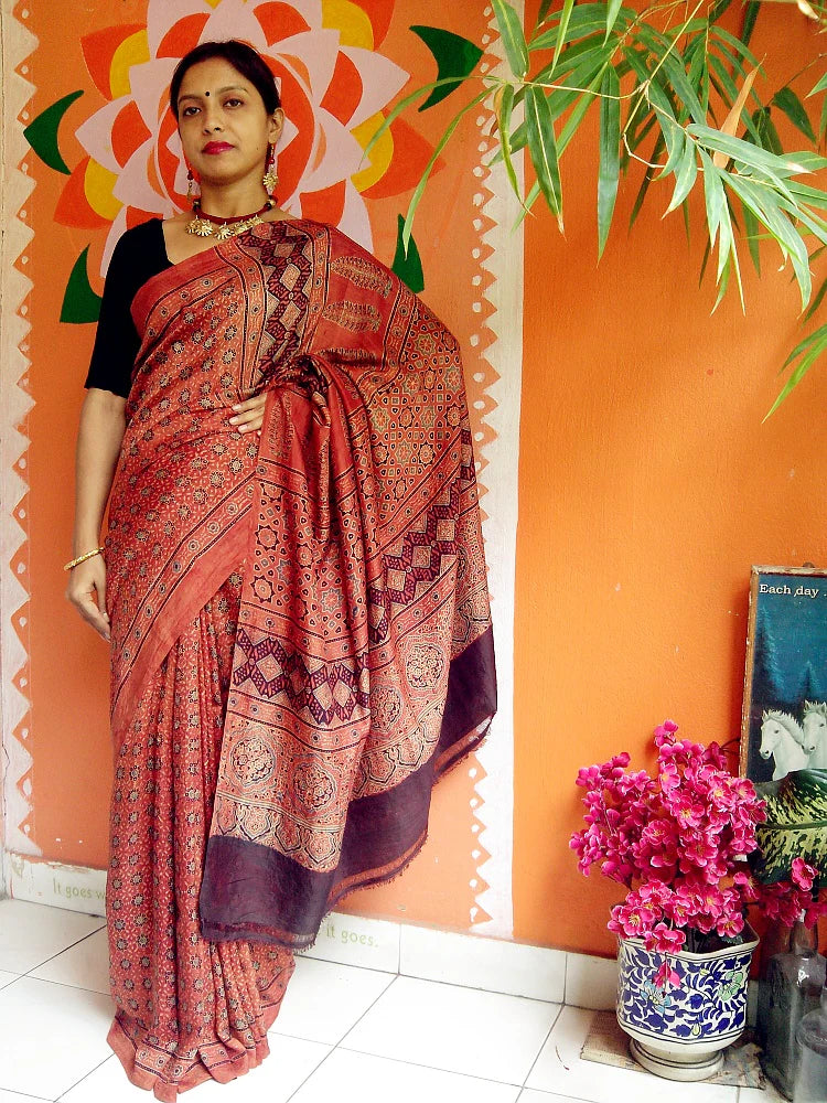 Lavanya - Premium Mulberry Silk Ajrakh Hand Block Print Saree