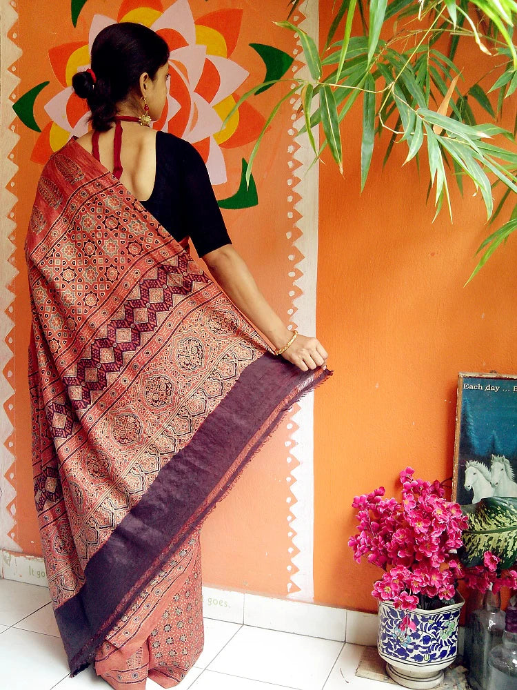 Lavanya - Premium Mulberry Silk Ajrakh Hand Block Print Saree