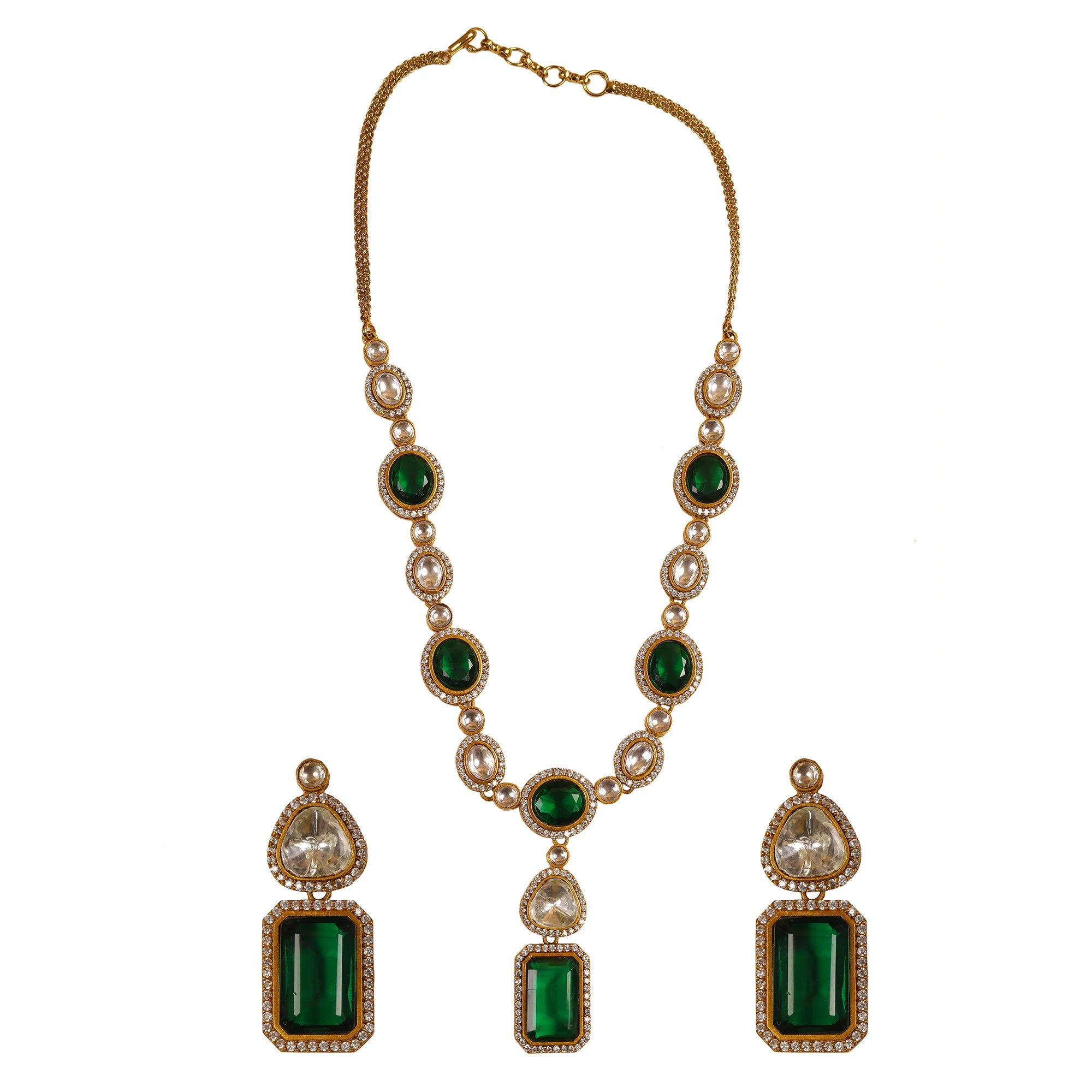 Royal Emerald Moissanite Polki Necklace Set