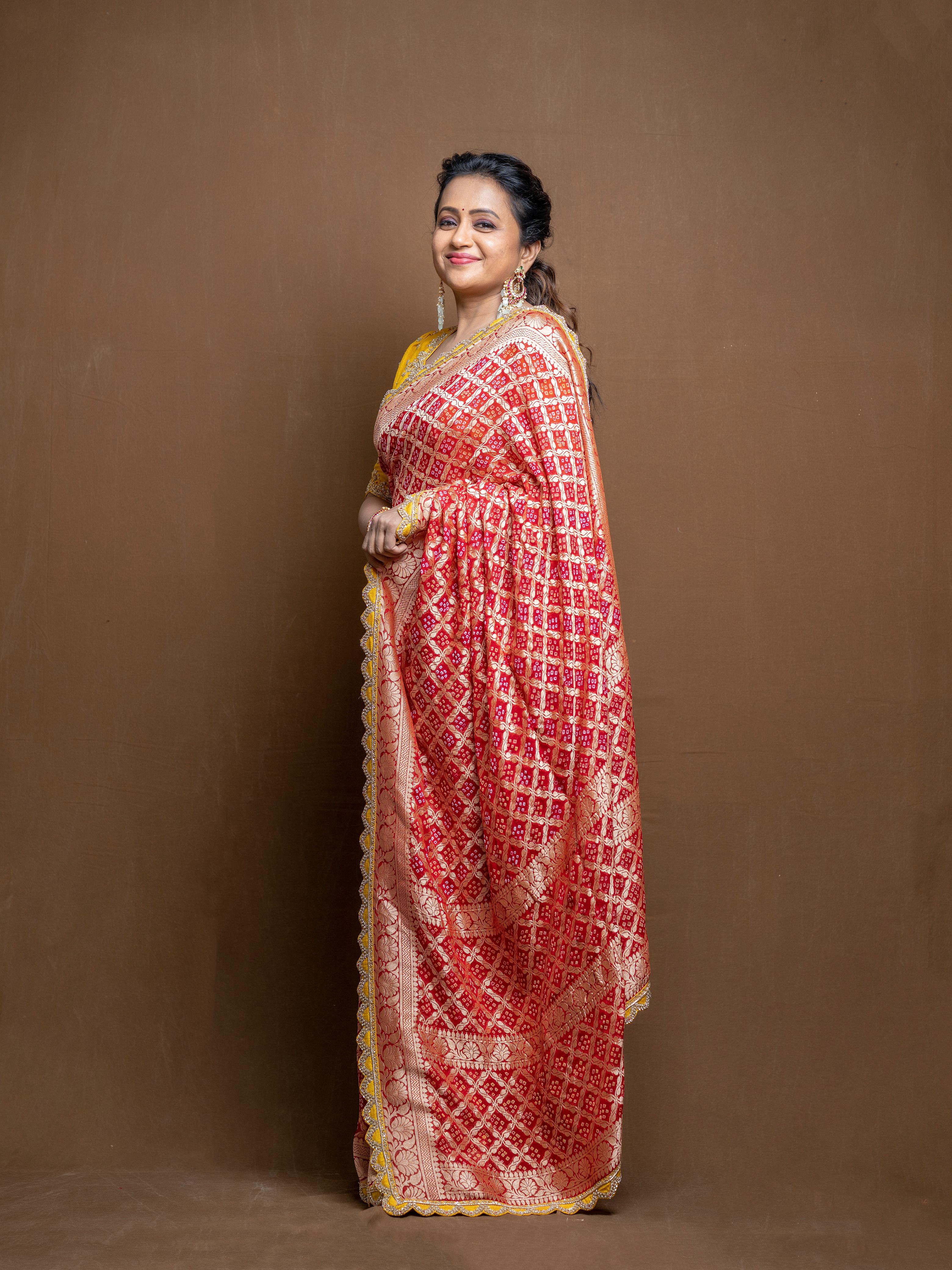 Red Banarasi Saree with Yellow Work Border and Blouse