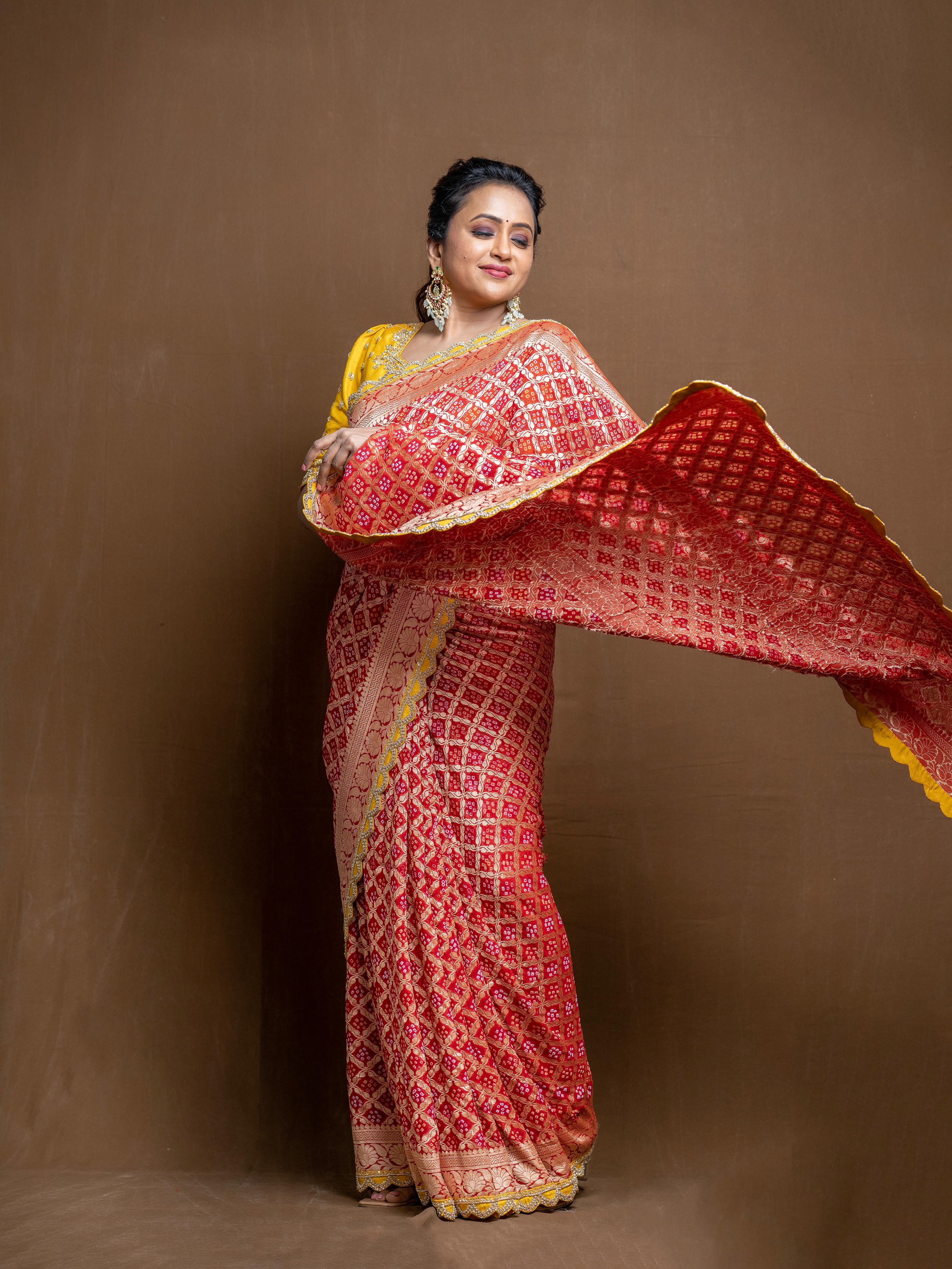 Red Banarasi Saree with Yellow Work Border and Blouse