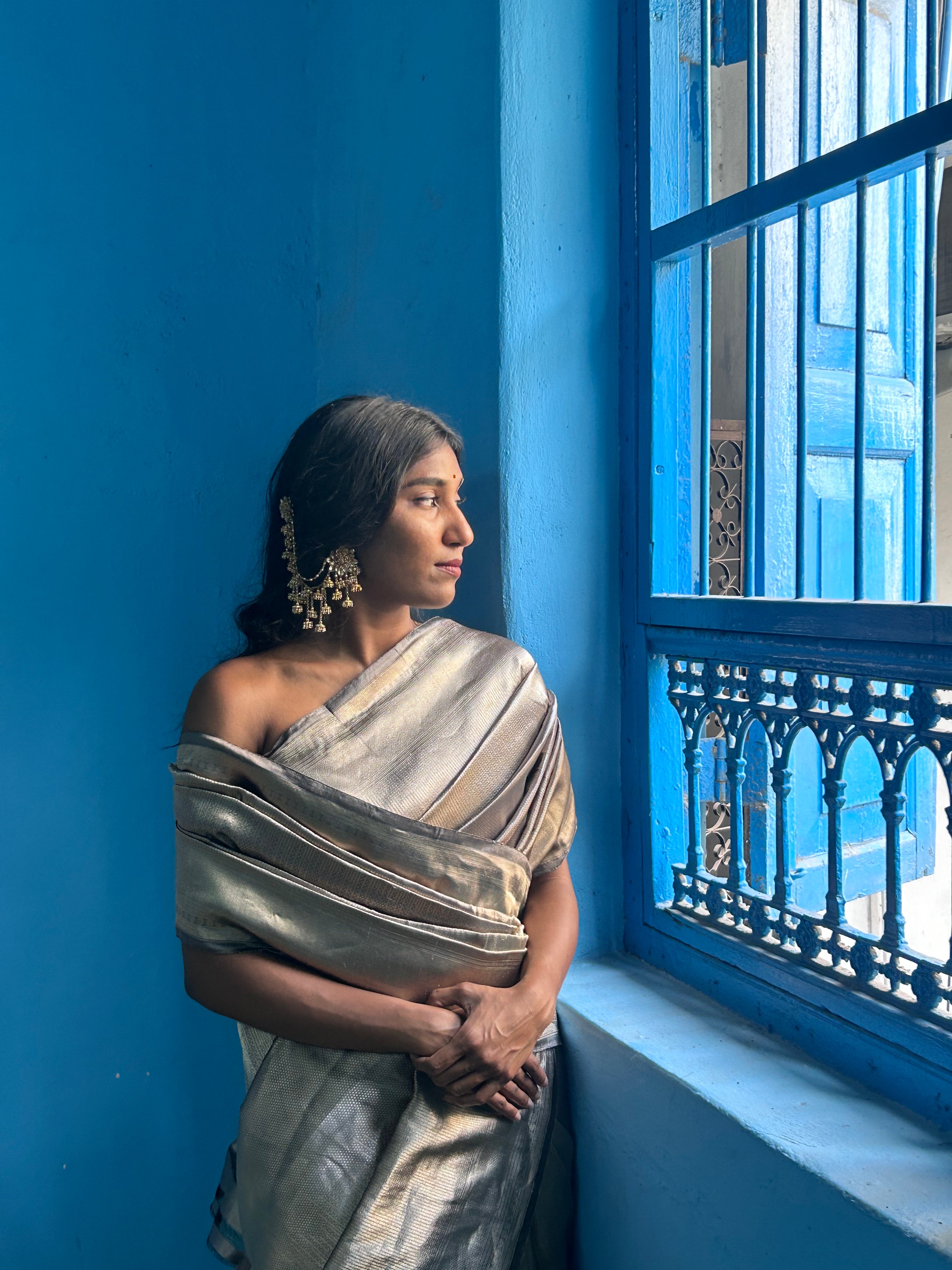 Banaras Grey Silk Saree with Intricate Silver Zari Work