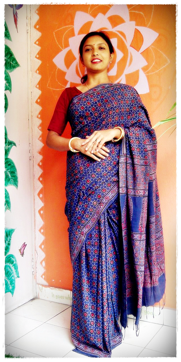 Kosha - Pure Muslin Cotton Ajrakh Hand Block Print Saree