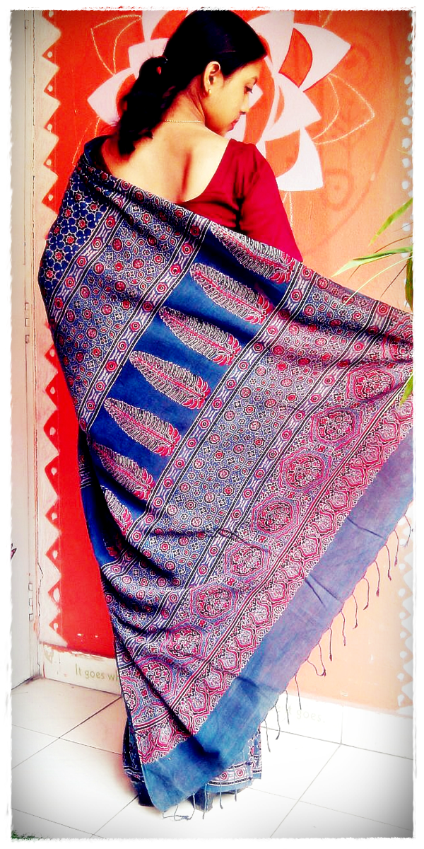 Kosha - Pure Muslin Cotton Ajrakh Hand Block Print Saree