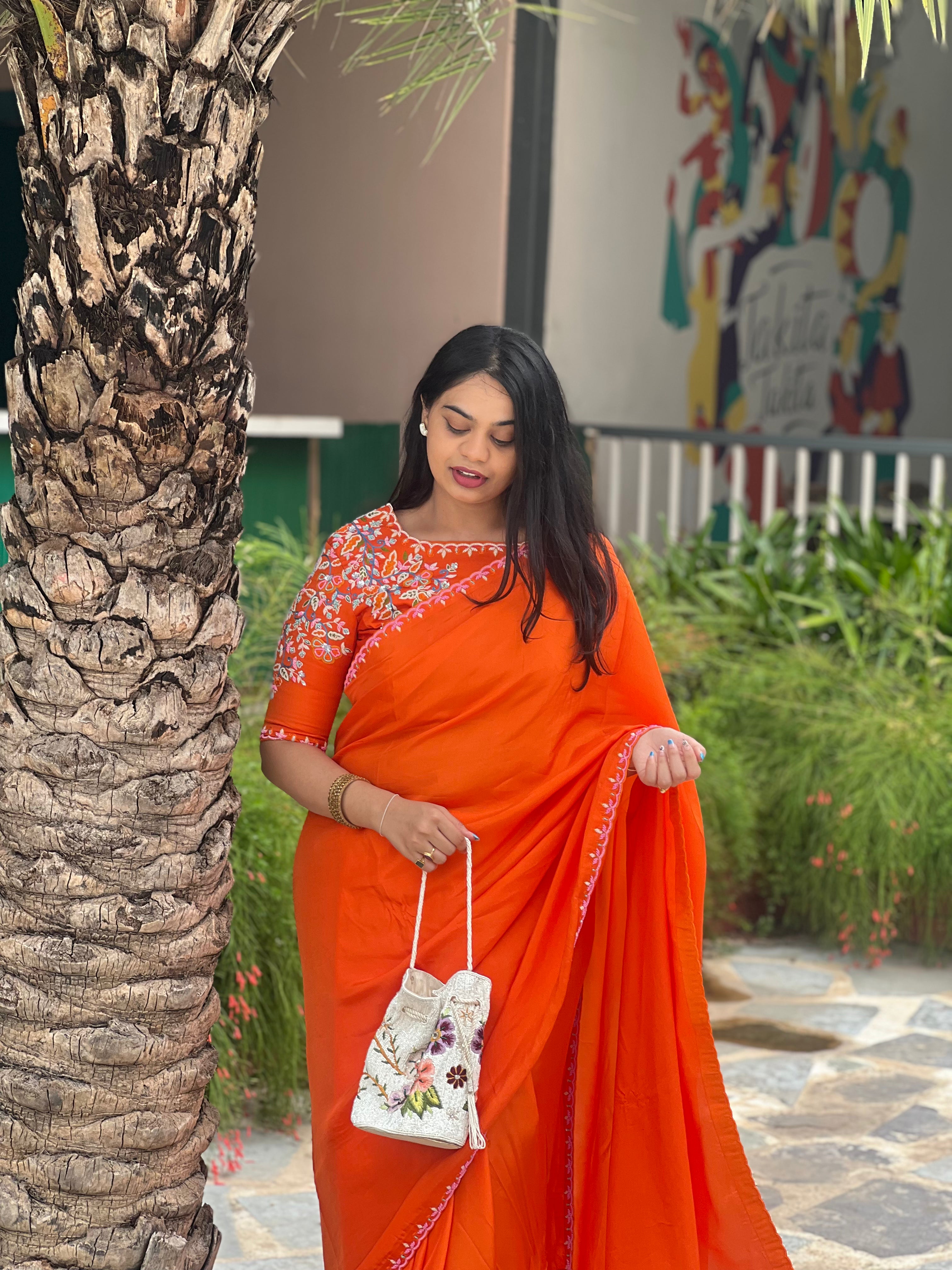 Orange Silk Saree with Blouse