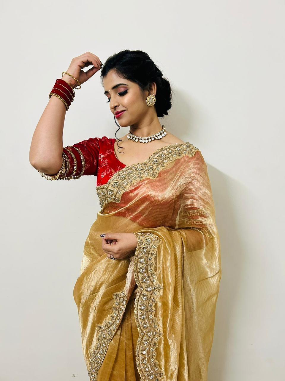 Gold Tissue Saree with Scallop Border