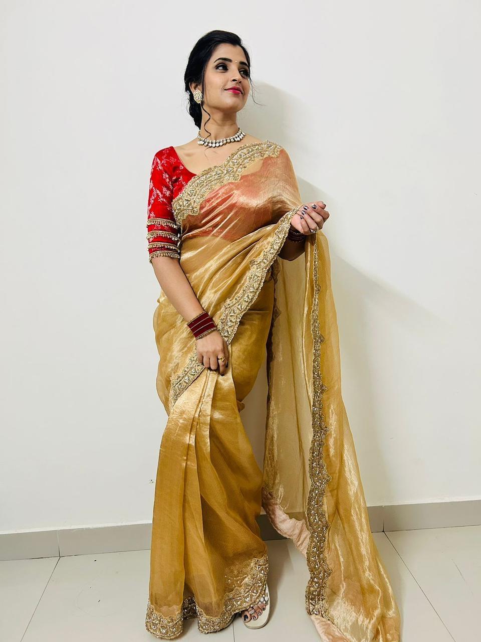 Gold Tissue Saree with Scallop Border