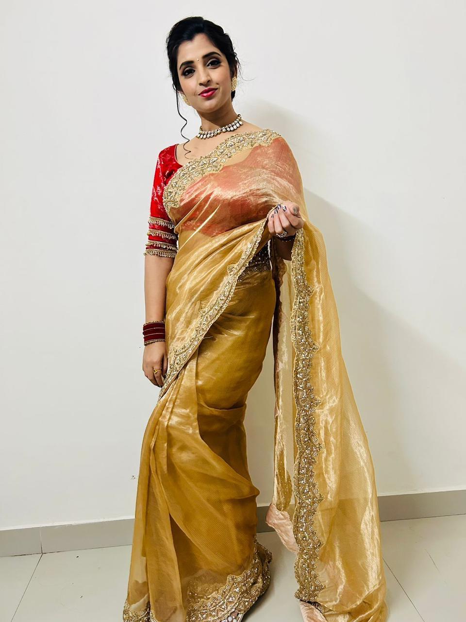 Gold Tissue Saree with Scallop Border