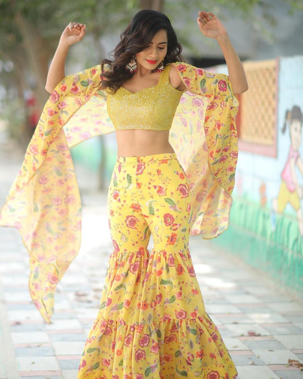 Yellow Floral Cape-Gharara Set