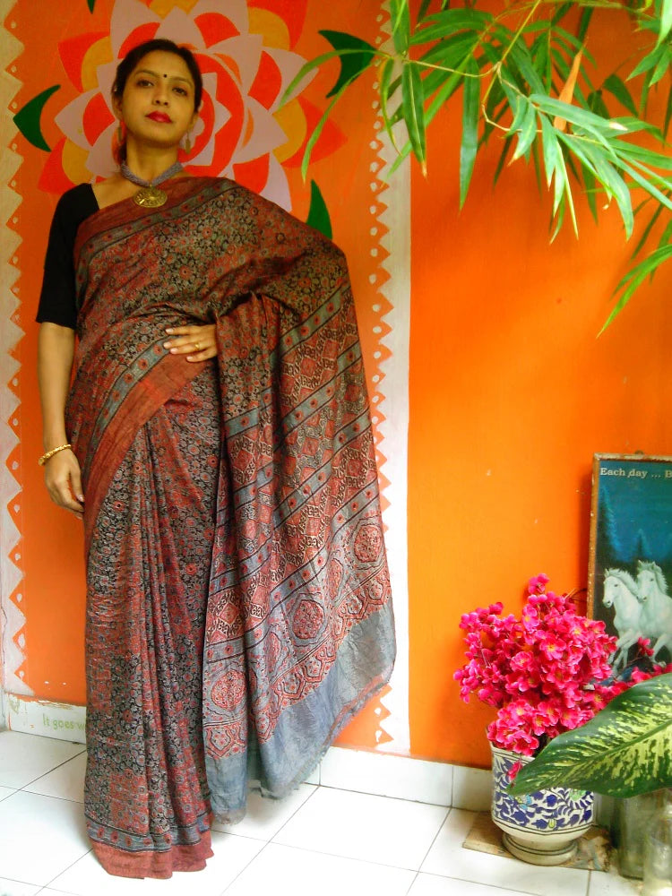 Ashmani - Premium Mulberry Silk Ajrakh Hand Block Print Saree